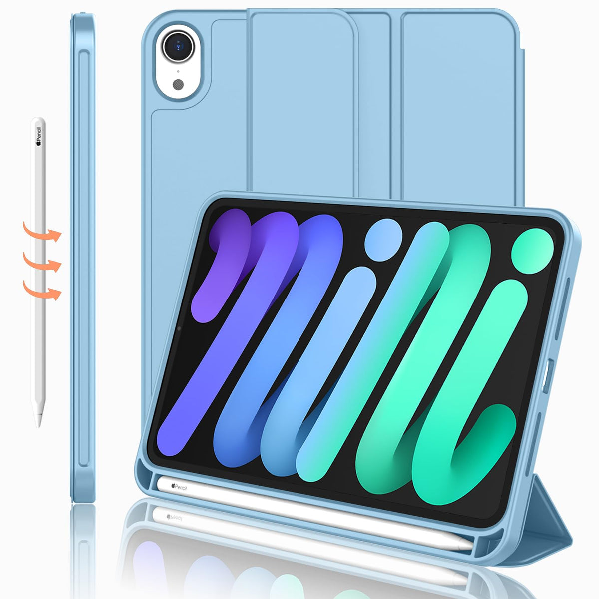 Imieet Ipad Mini 7 Case 2024 (A17 Pro), Ipad Mini 6 Case (8.3 Inch,2021 Model), Ipad Mini 7Th/6Th Generation Case With Pencil Holder, Trifold Stand Smart Case With Soft Tpu Back,Azure Blue