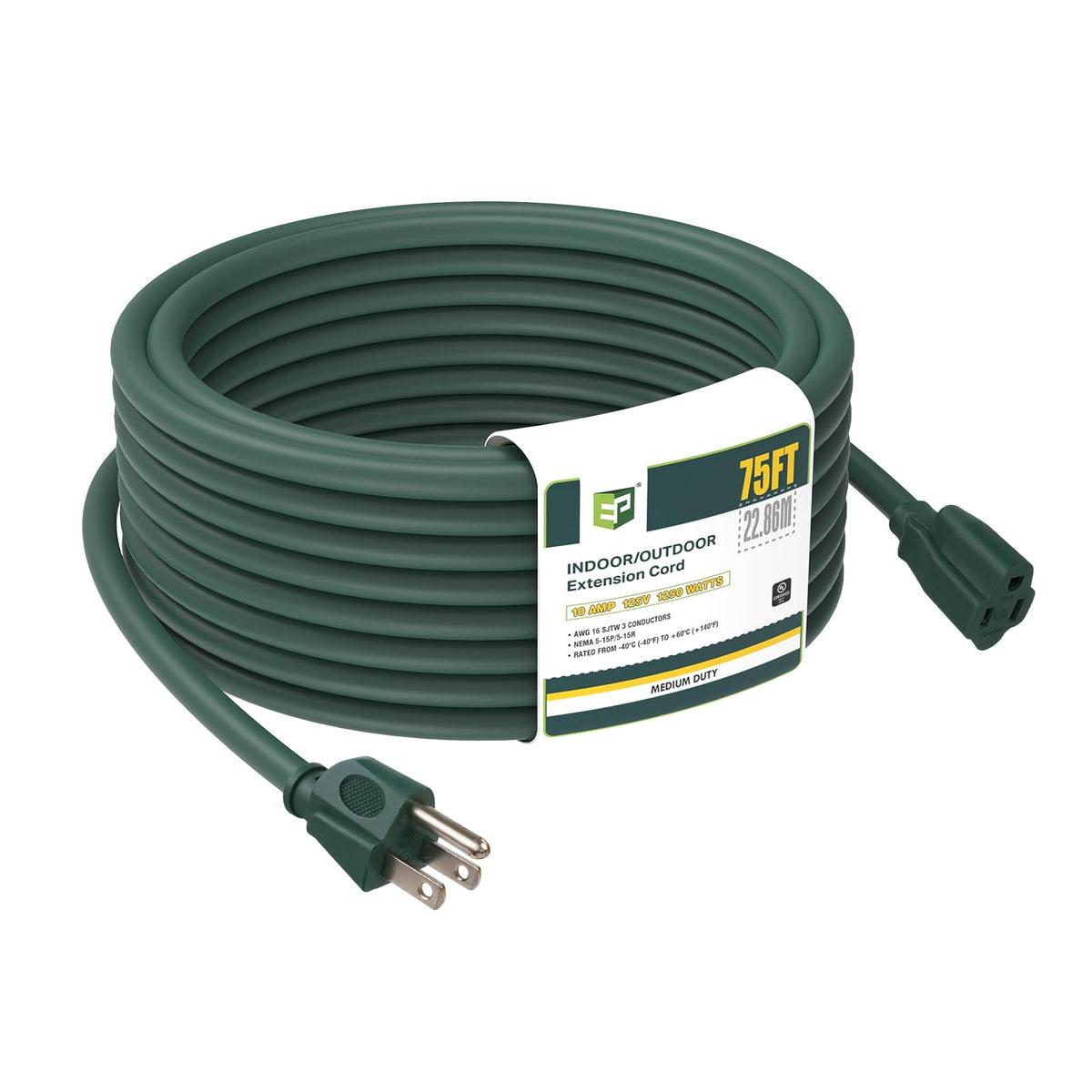 Ep 75Ft Green Outdoor Extension Cord, 16/3 Sjtw Heavy Duty Waterproof, 3 Prong Grounded Plug, 13A 1625W 16Awg, Cold Resistant Fl