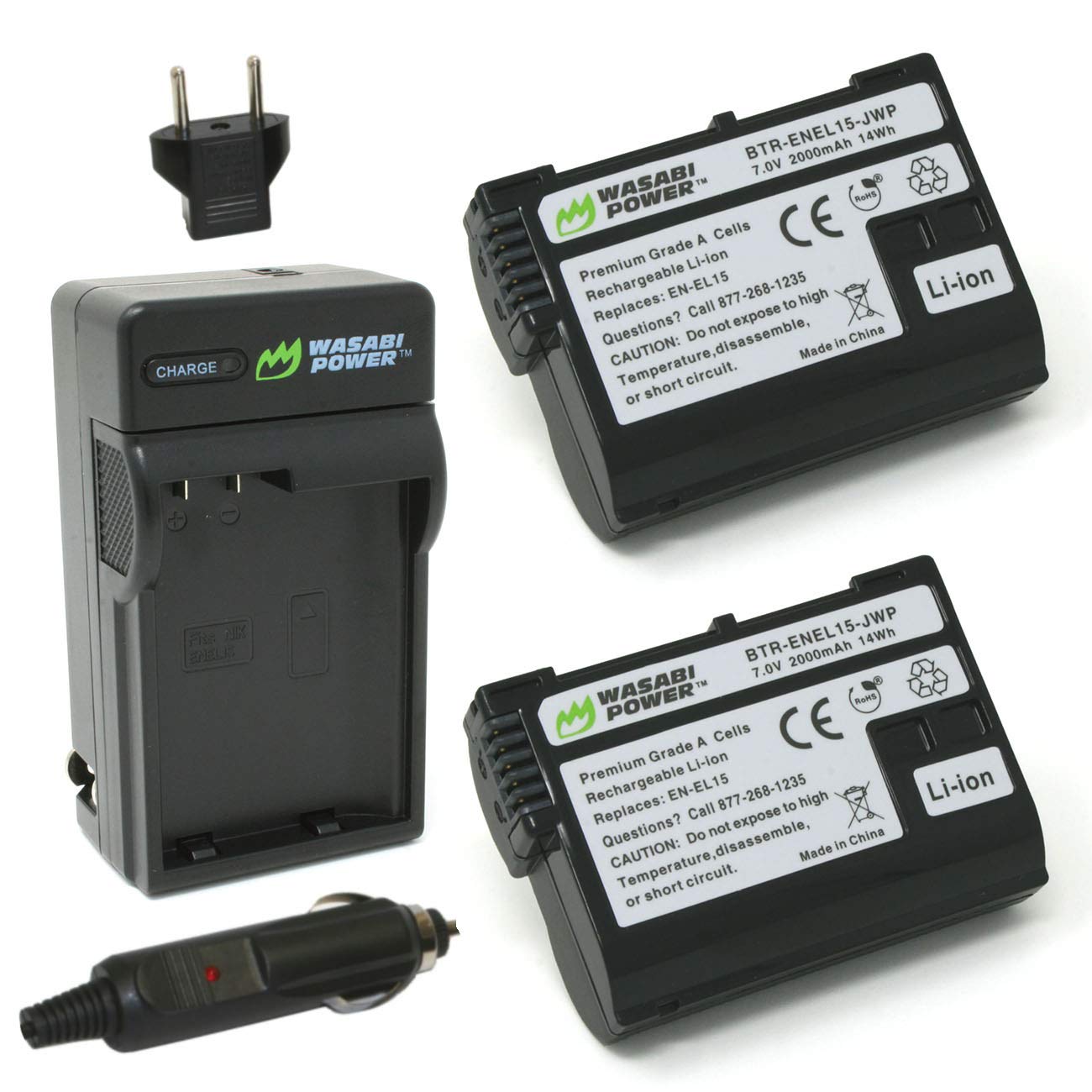 Wasabi Power Battery (2 Pack) And Charger For Nikon En El15 And Nikon D500, D600, D610, D750, D780, D800, D800E, D810, D810A, D8