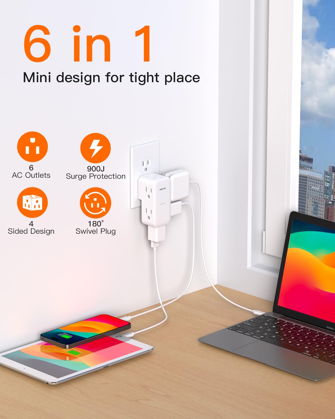 Surge Protector Outlet Extender  With Rotating Plug,6 Ac Multi Plug Wall Outlet,4 Sided Outlet Splitter,900J Plug Extension Outl