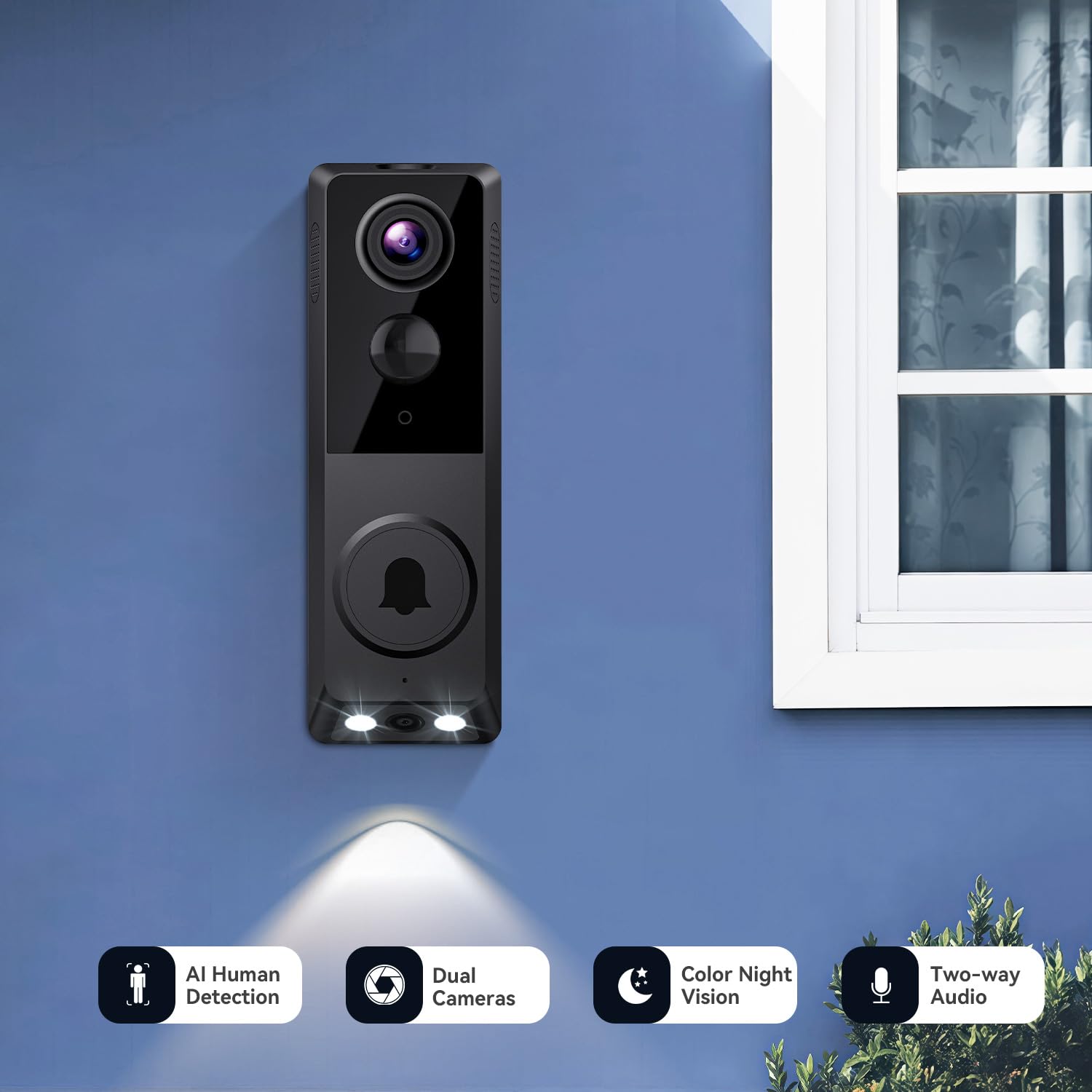 Clipblur 1080P Dual Camera Wireless Video Doorbell With Chime, 2.4G Wi Fi, Color Night Vision, Intelligent Alerts Powered By Ai,