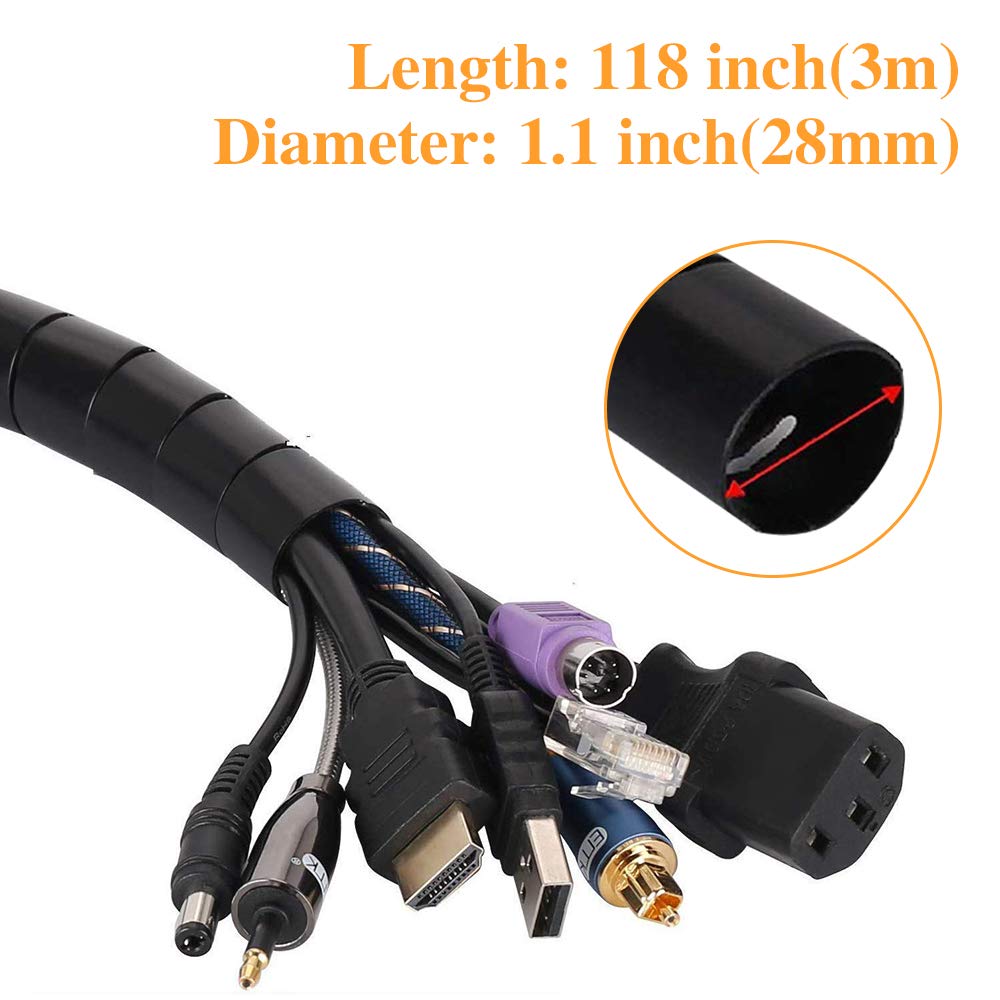 Black Spiral Winding Cable Management Pipe Wire Wrap Line Coiled Tube, Flexible Cord Covered Protective Bundler Sleeve Hose For