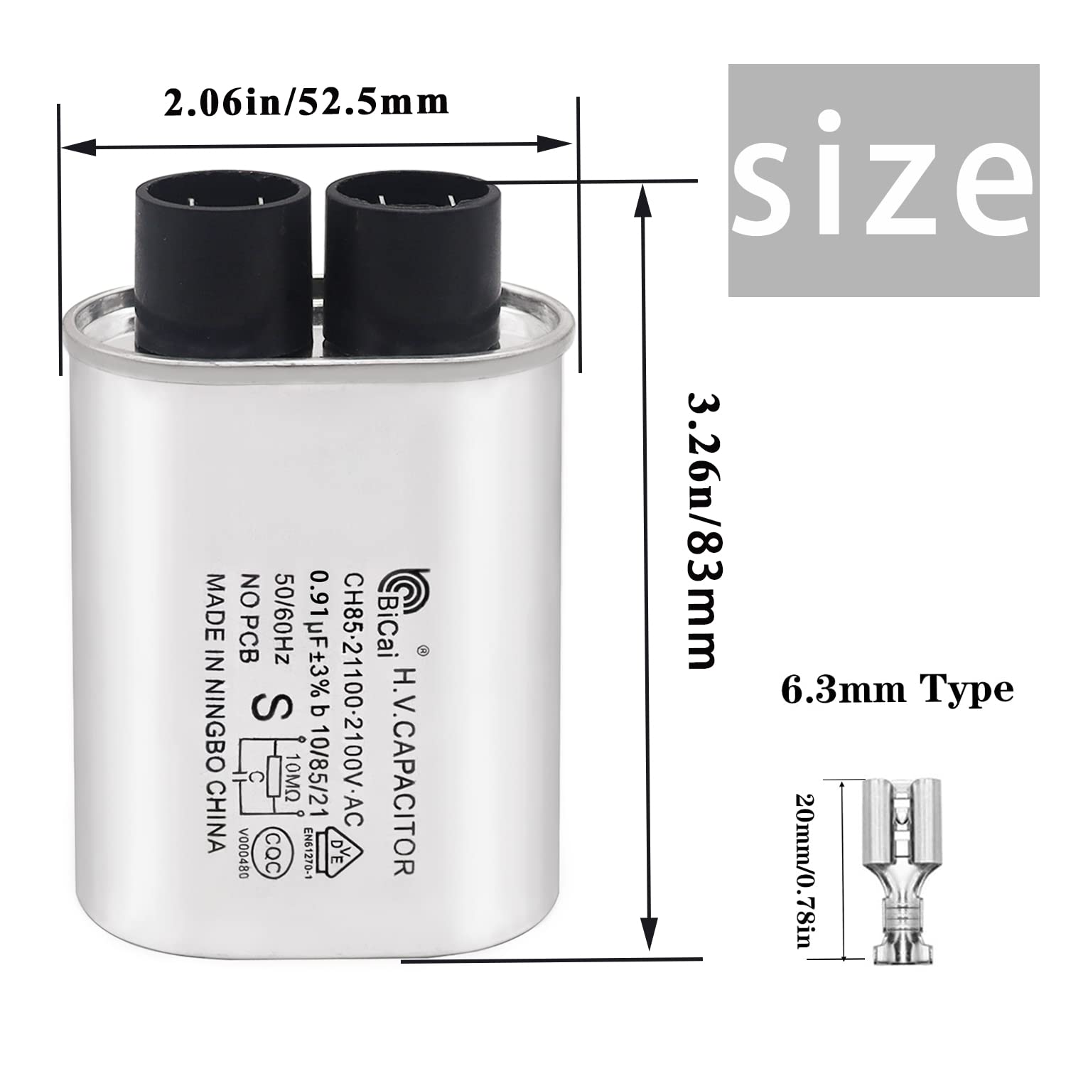 Tnisesm Microwave Capacitor 0.91Uf 2100V, High Voltage Capacitor 1/4'' Standard Terminal Connection Pin, Compatible With Whirlpo