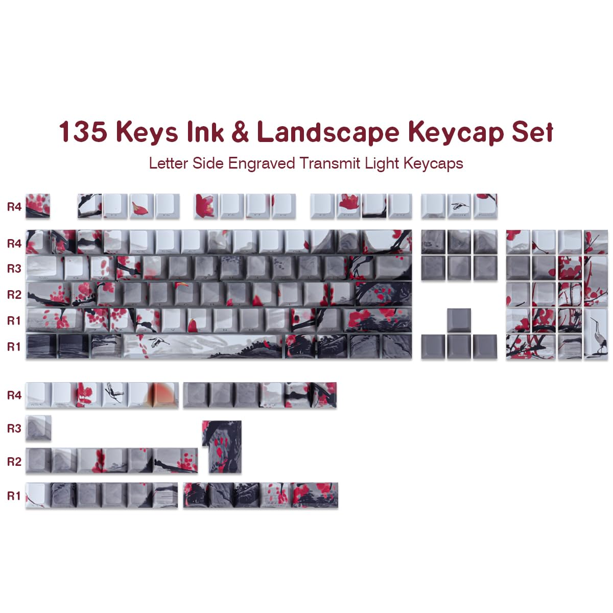Tsungup Pbt Keycaps   Side Printed Keycap Set,135 Keys Double Shot Shine Through Landscape Painting Custom Keycaps,Cherry Profil