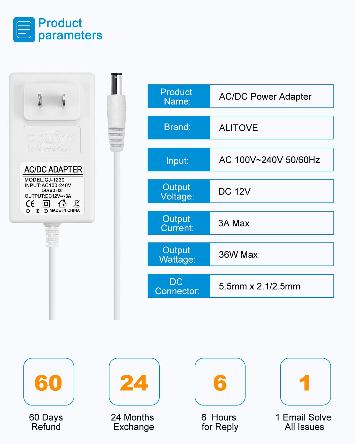Alitove 12V Power Supply 12 Volt 3A 36W Ac/Dc Adapter White Dc 12V Power Cord 12V 2.5A 2A 1.8A 1.5A Ac To Dc Converter With 5.5X