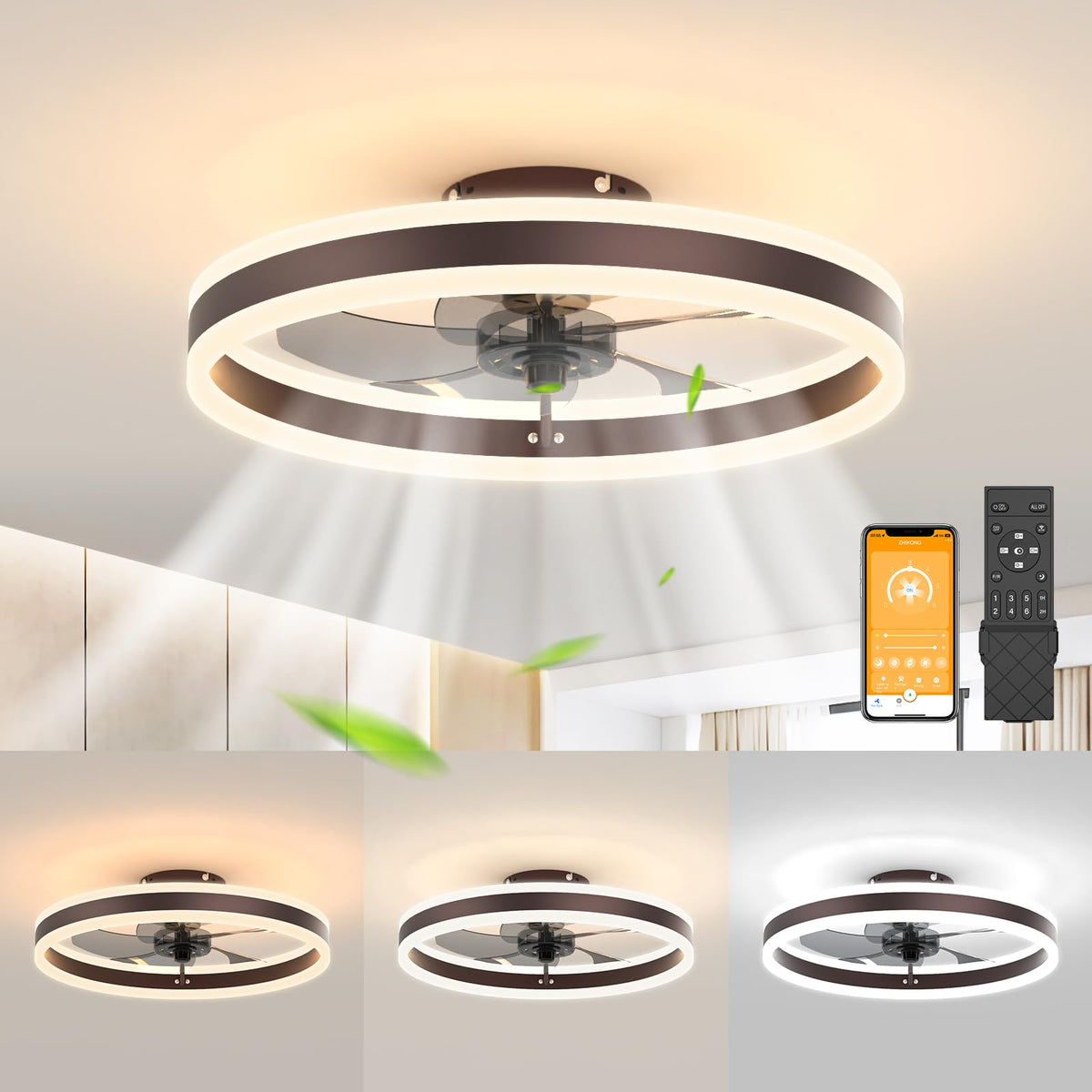Jofios Low Profile Ceiling Fans With Lights,19.7In Flush Mount Ceiling Fan Light With Remote, Fandelier Ceiling Led Fan Light, S