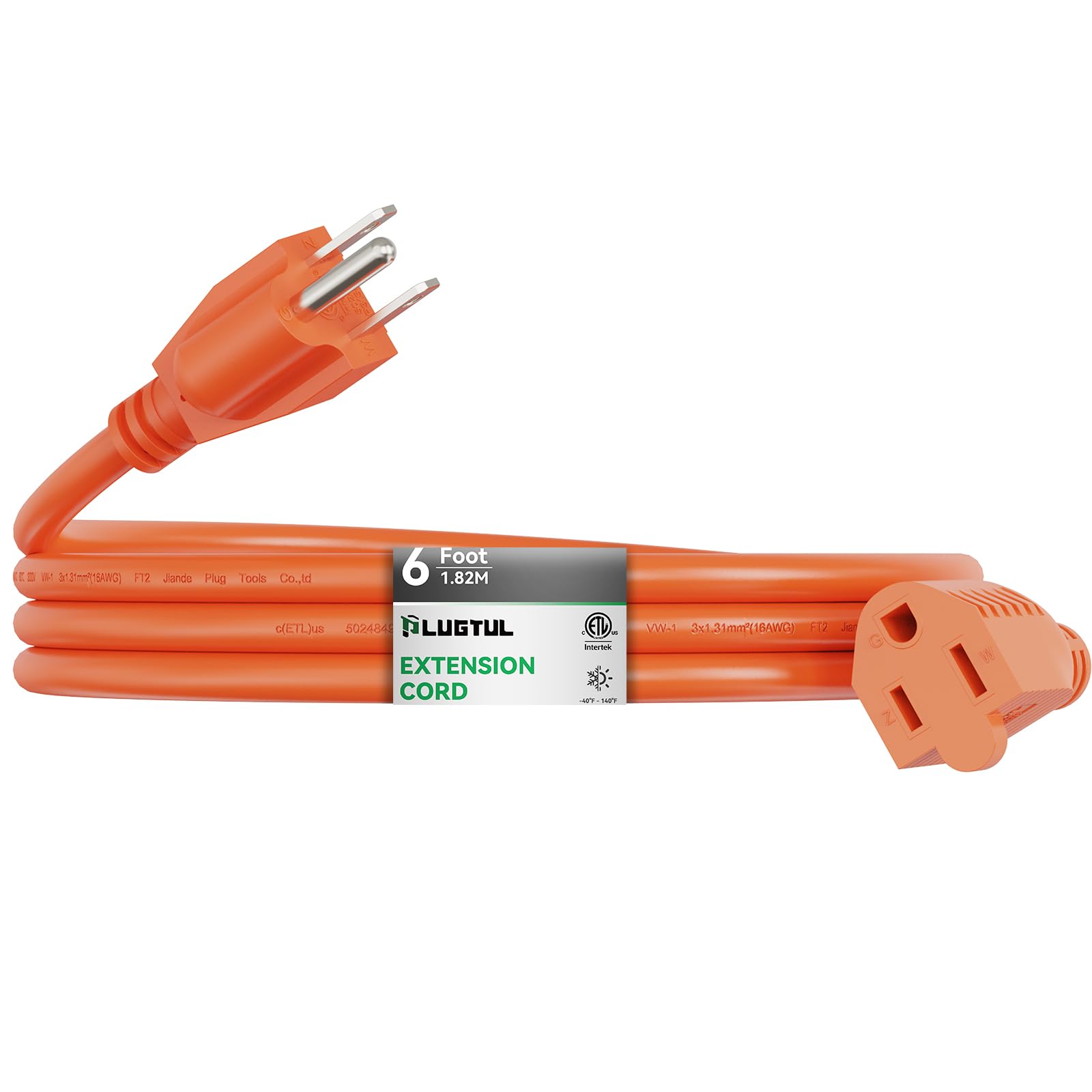 Outdoor Extension Cord 6 Ft Waterproof, 16/3 Gauge Heavy Duty 3 Prong Extension Cord, 13A 1625W Sjtw, Etl Listed, Great For Gard