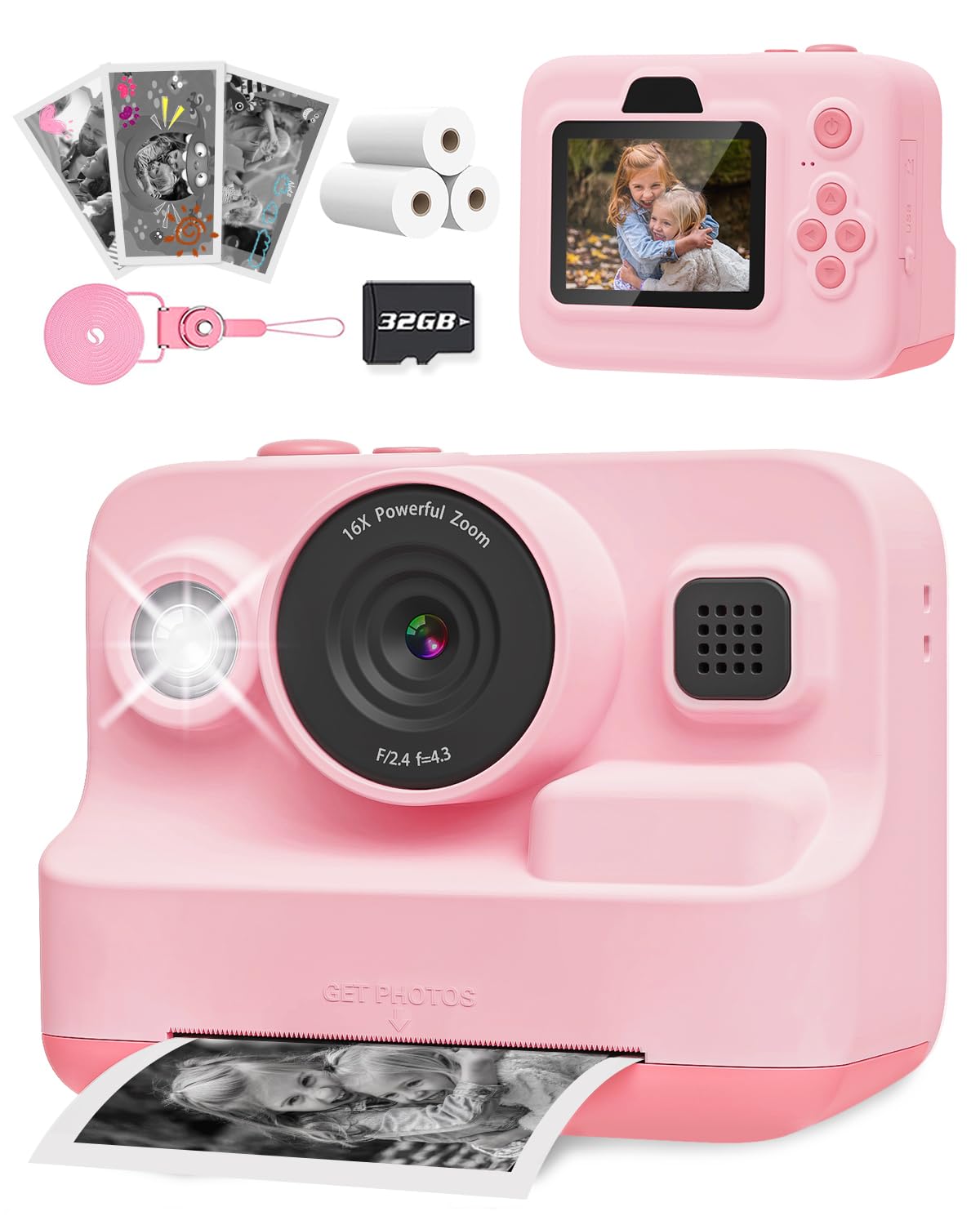 Anchioo Instant Print Camera For Kids, 2.4 Inch Screen Kids Camera For Girls With 3 Print Paper, Birthday Gift For Girls Boys Ag