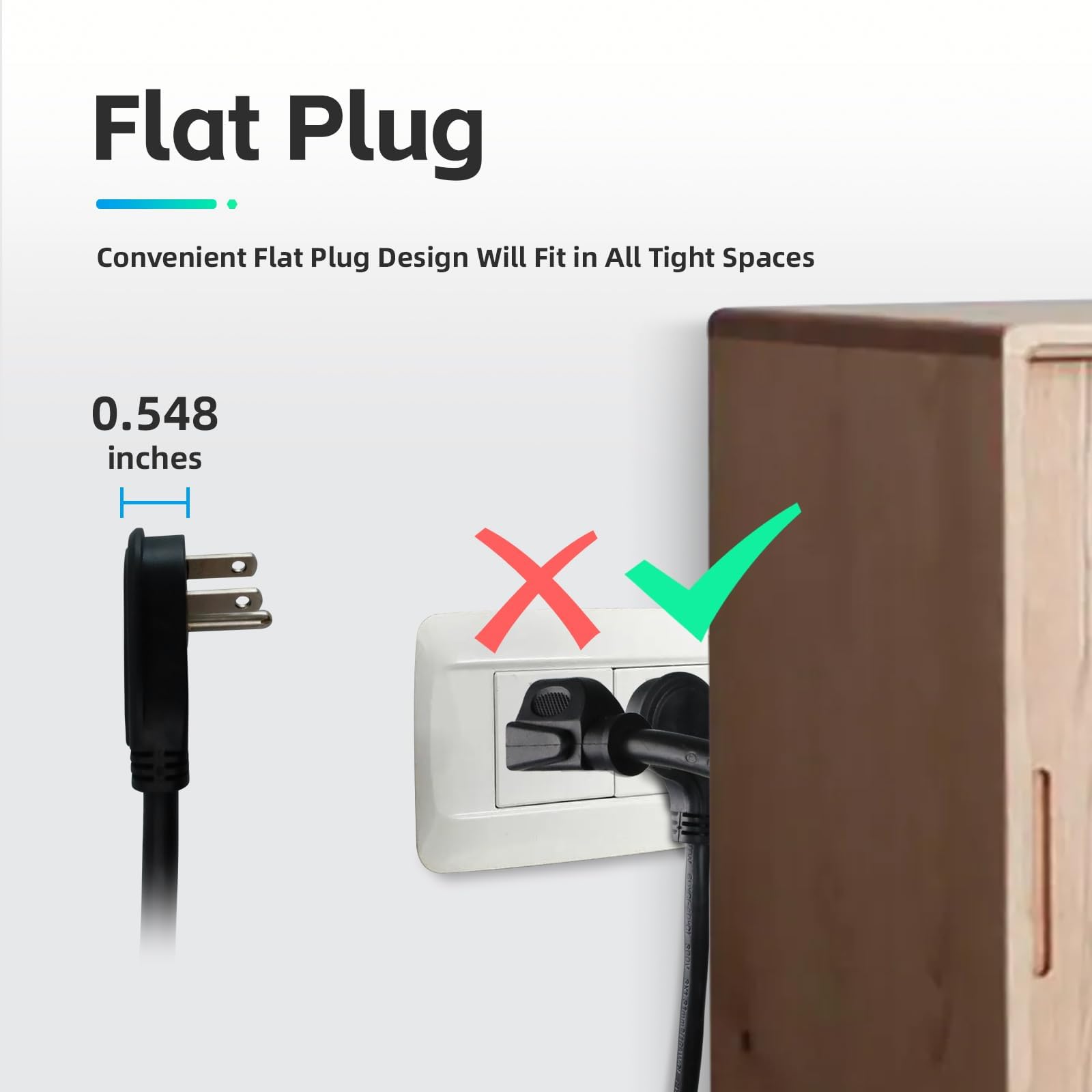 Ep Low Profile 1 Ft Flat Plug Extension Cord   16 Awg 3 Prong Grounded Cable With 3 Outlets, Perfect For Indoor Use, Black