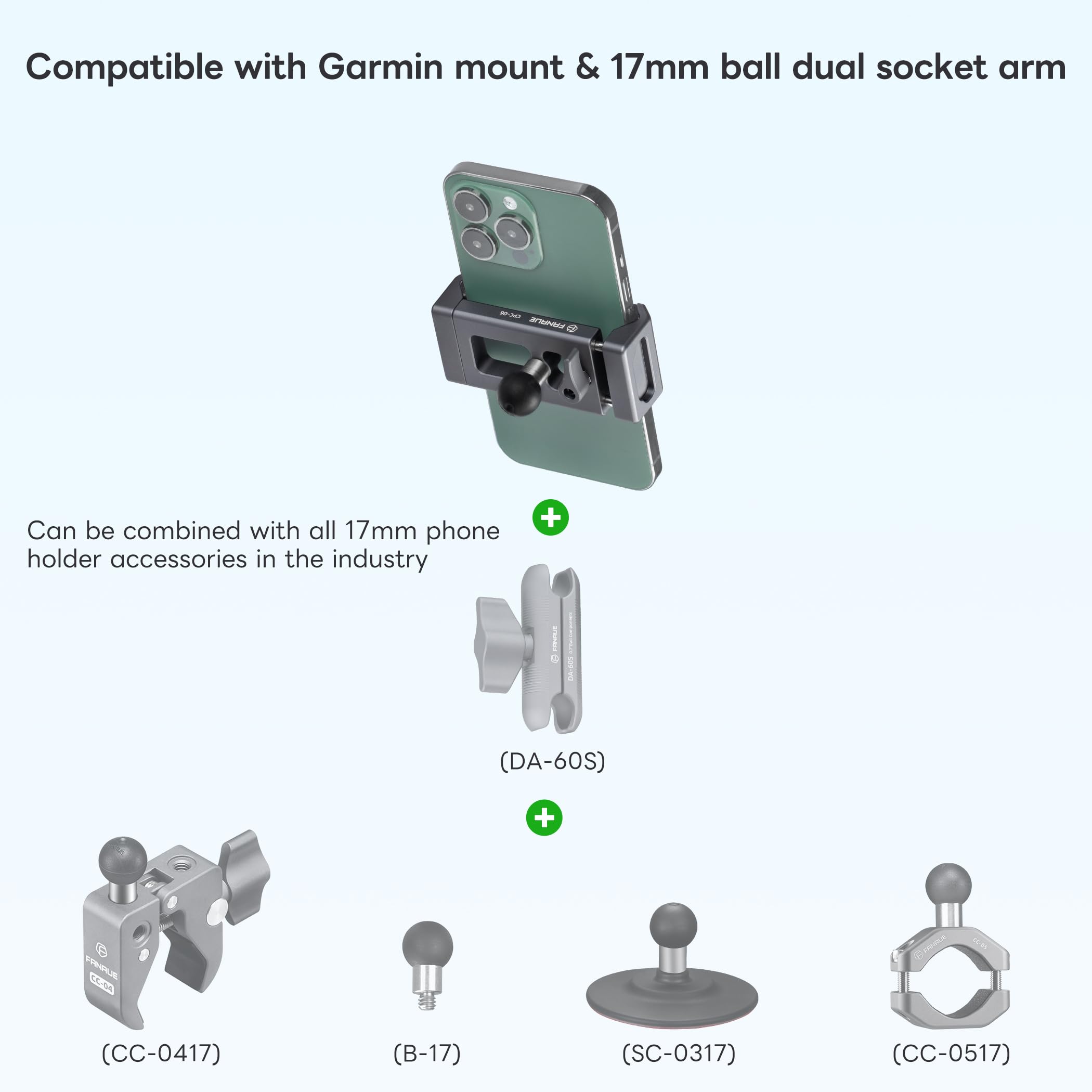 Fanaue Motorcycle Cell Phone Holder With 17Mm Ball Head, Compatible With Garmin Ram Mounts And 17Mm Double Aocket Arm, Aluminum