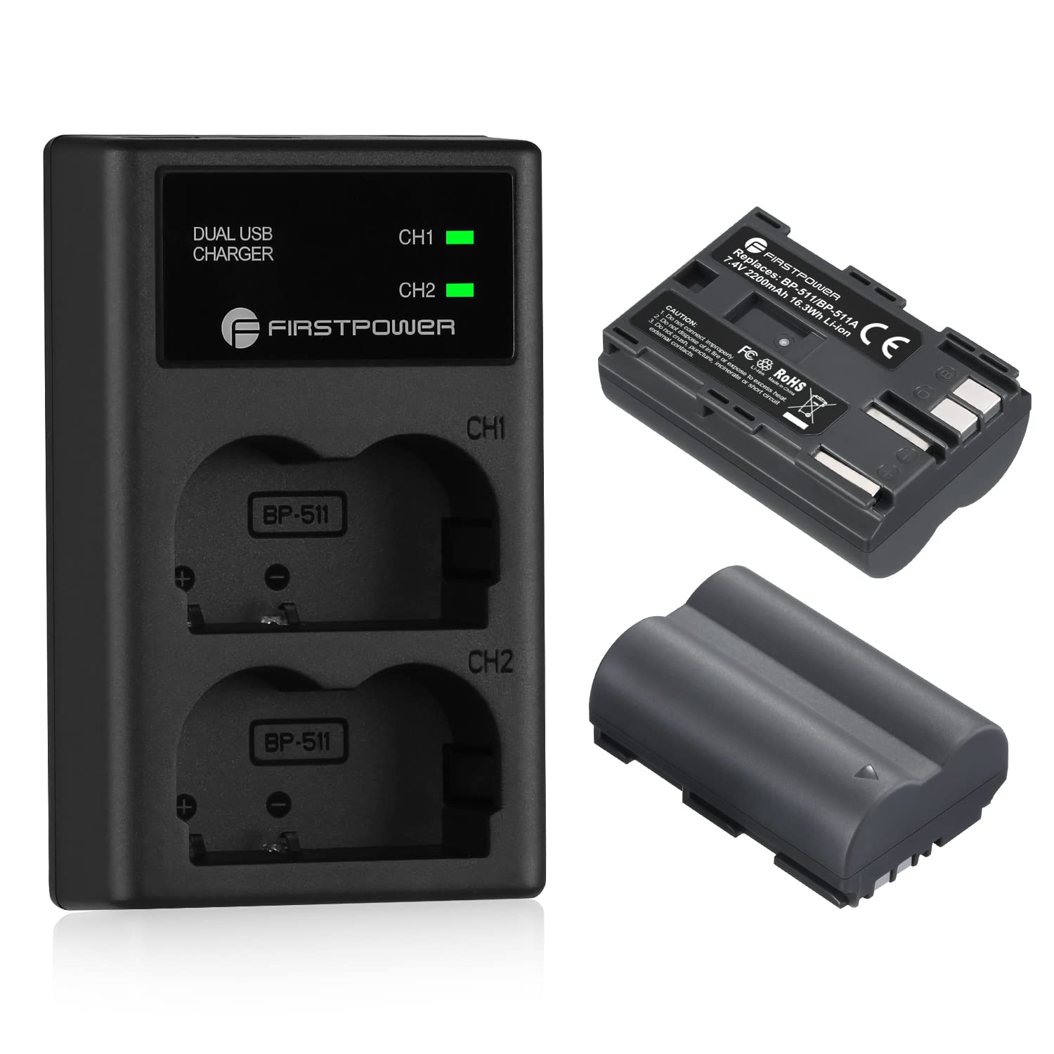Firstpower Bp 511 Bp 511A Battery 2 Pack 2200Mah And Dual Usb Charger For Canon Eos 5D 10D 20D 20Da 30D 40D 50D 300D D30 D60 And