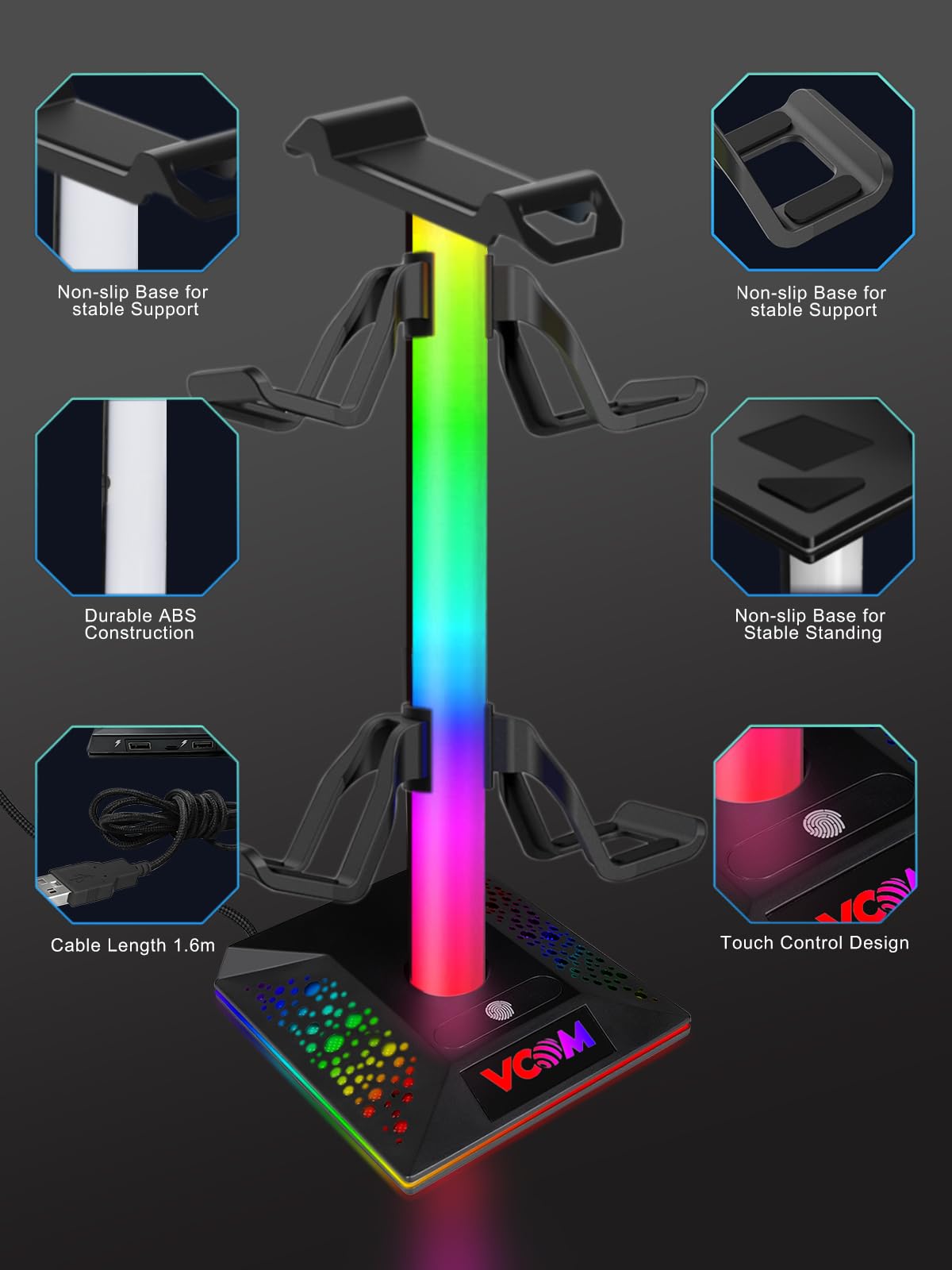 Vcom Rgb Gaming Headphones Stand With 2 Usb And 1 Type C Ports, Headset Stand With 10 Light Modes And Non Slip Rubber,Suitable F