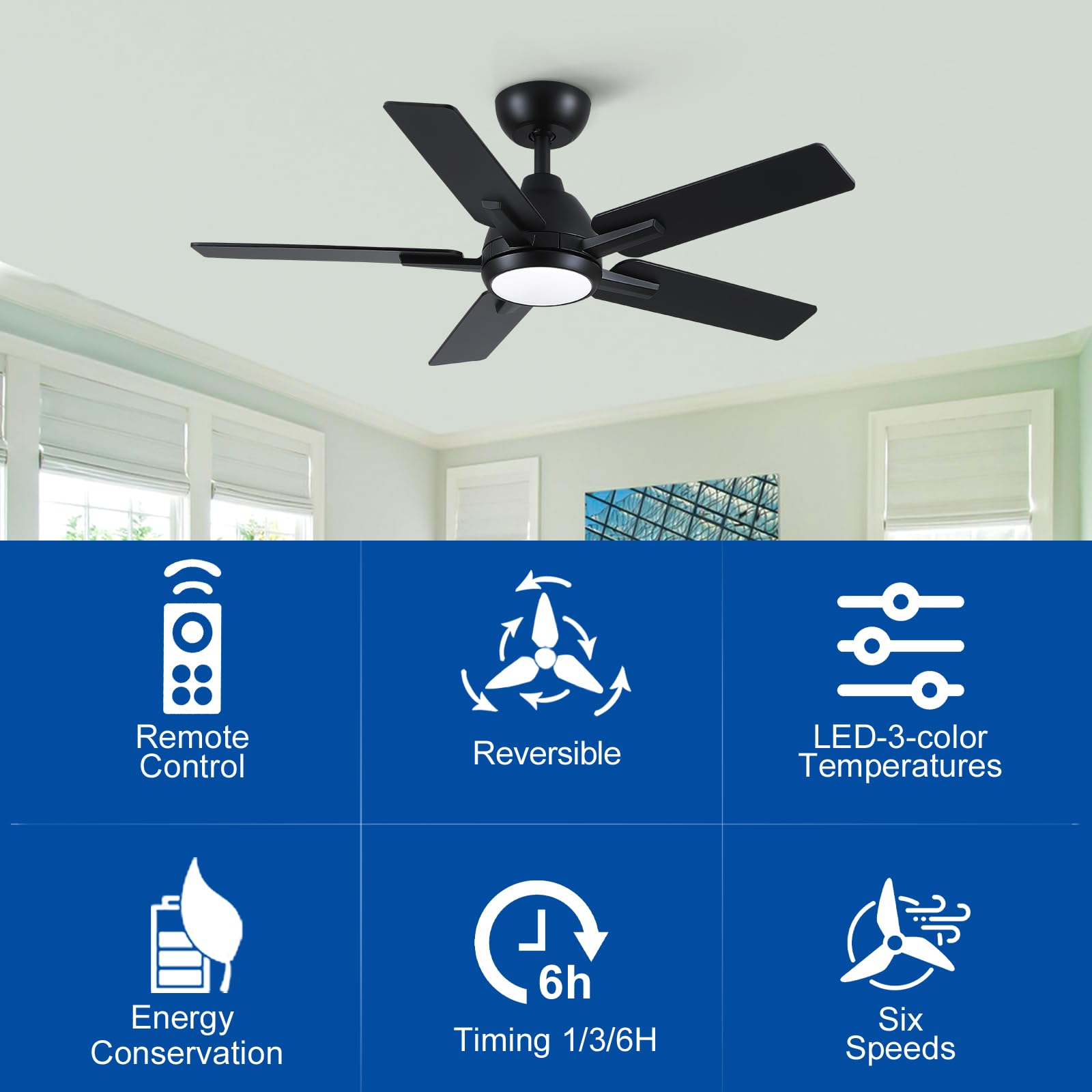 42 Inch Ceiling Fans With Lights And Remote,Black Ceiling Fan With 5 Dual Sided Blades,Downrod,Quiet 6 Speed Reversible Dc Motor