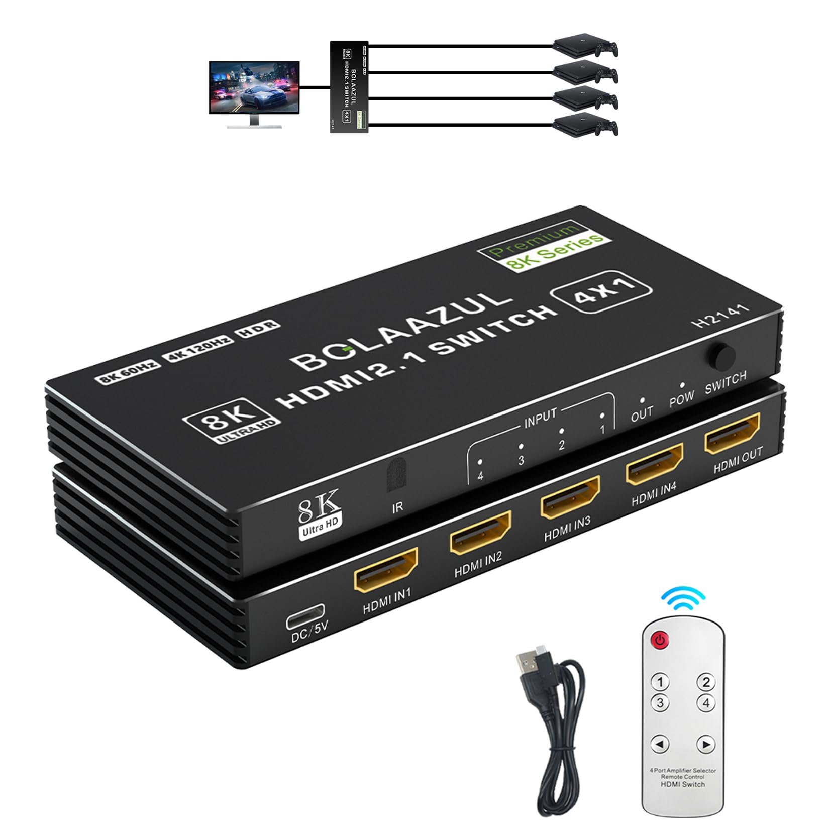 Bolaazul Hdmi 2.1 Switch, 4K@120Hz 8K@60Hz 2K@144Hz 4 Port With Remote, Compatible With Xbox Series X, Ps5, Switcher Selector Bo