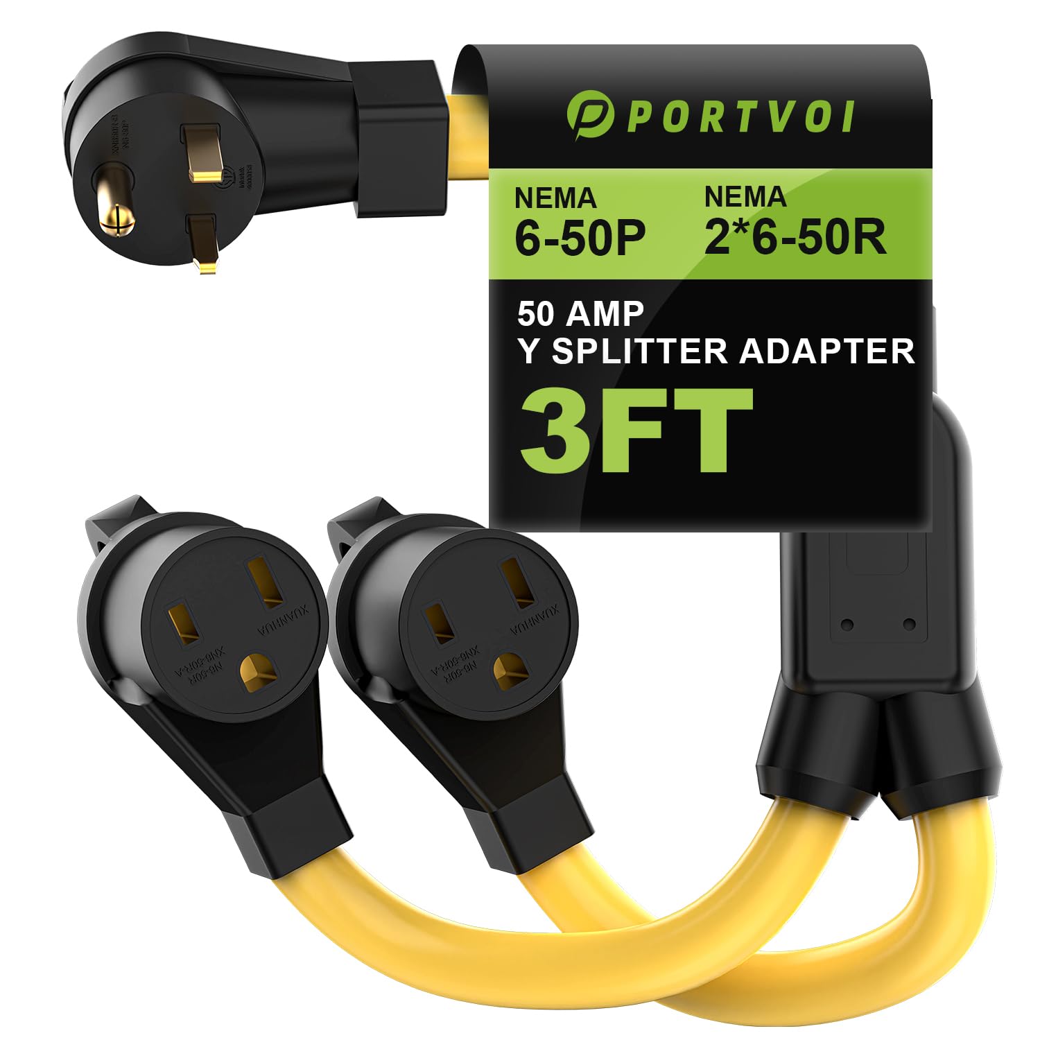 Portvoi Welder 50A Splitter, 6 Gauge 240V Splitter Industrial Male Plug Nema 6 50P To (2) 6 50R Female Connectors, Nema 6 50 Spl