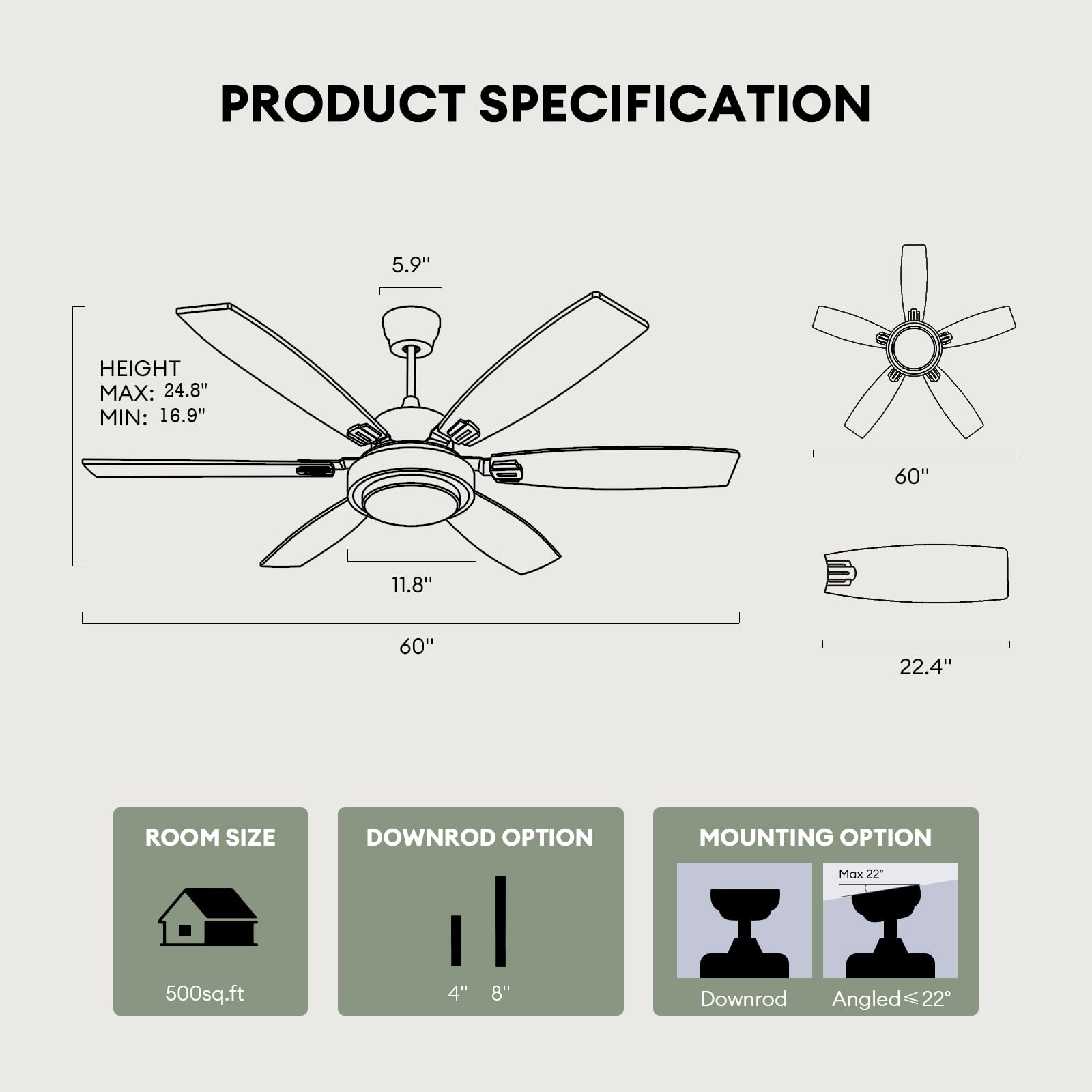 Fanbliss 60 Inch Grey Large Ceiling Fans With Lights And Remote Control For Living Room, Modern Ceiling Fan With Quiet Reversibl