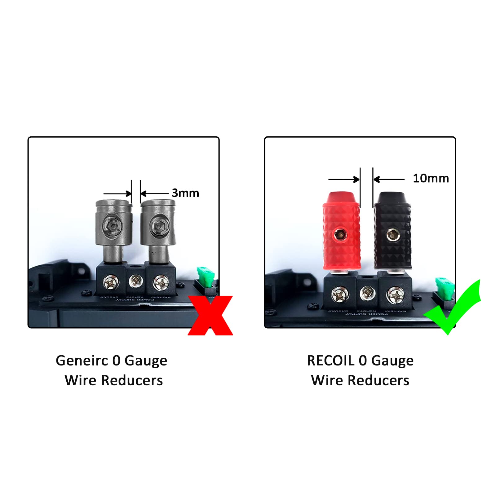 Recoil Wr04 Amplifier Power/Ground Input Wire Gauge Reducer Brass 1/0 Gauge To 4 Gauge With Red/Black Silicon Covers, Marine Gra