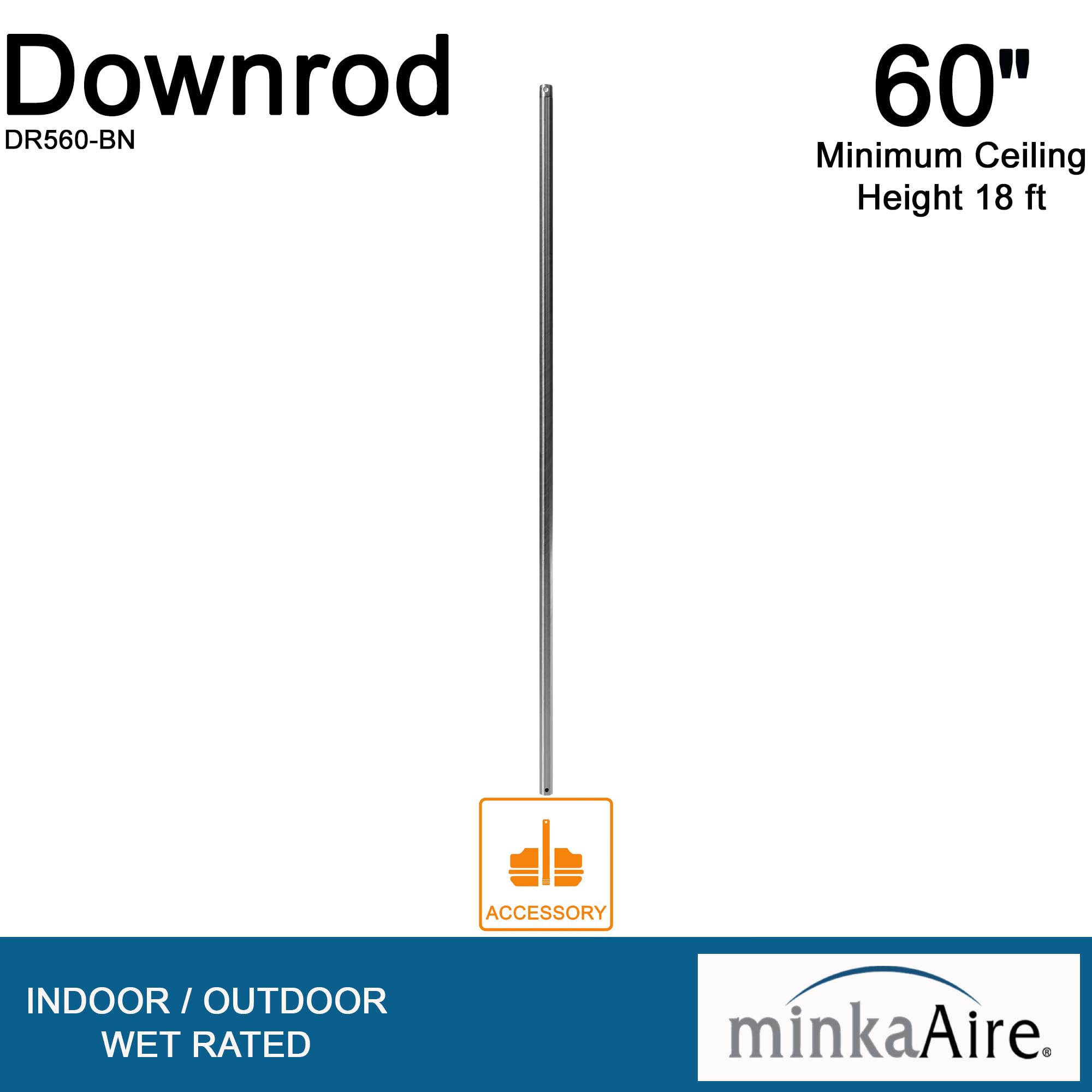 Minka-Aire 60 Inch Ceiling Fan Downrod - Brushed Nickel - Dr560-Bn