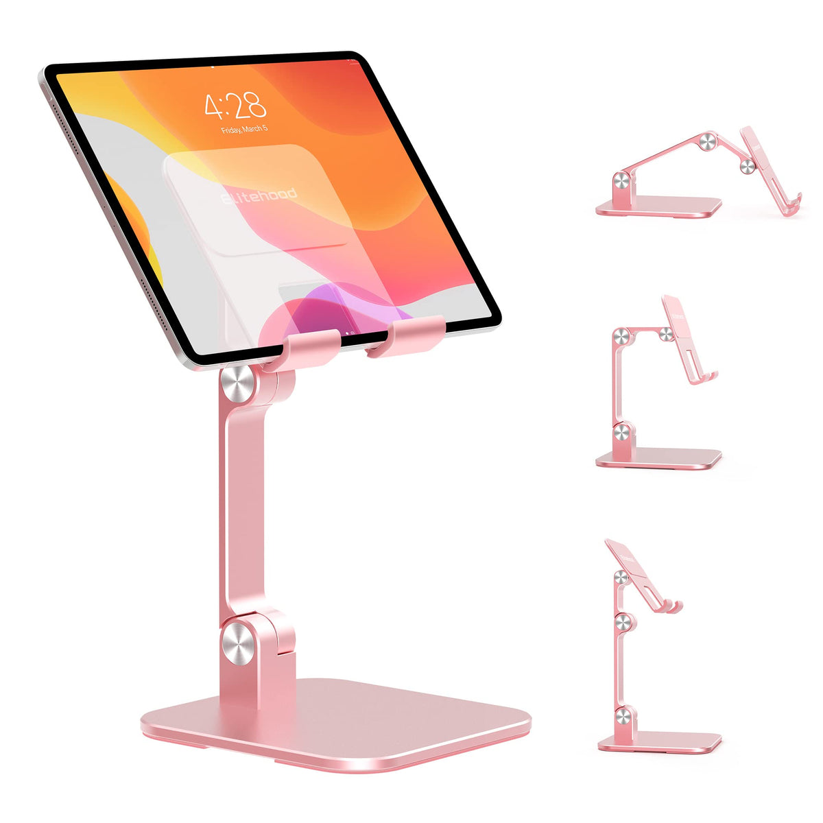 Elitehood Aluminum Ipad Stand For Desk [Ultra Stable & Sturdy], Height Adjustable Tablet Stand, Portable Stand Holder Dock For Home Office, Compatible With Ipad Pro 12.9, Ipad Air Mini 6 5 4 3, Pink