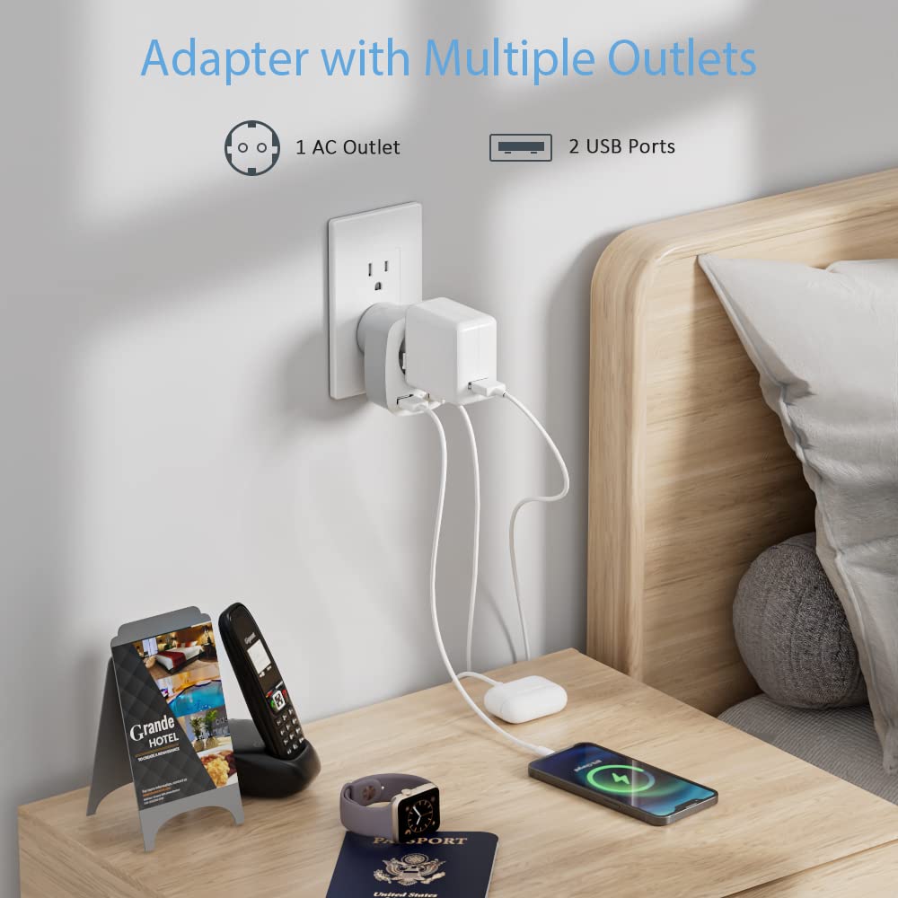 Tessan Europe To Us Plug Adapter With Ac Outlet And 2 Usb Ports, Eu To Us Plug Adapter, European To Us Travel Converter, Most Of