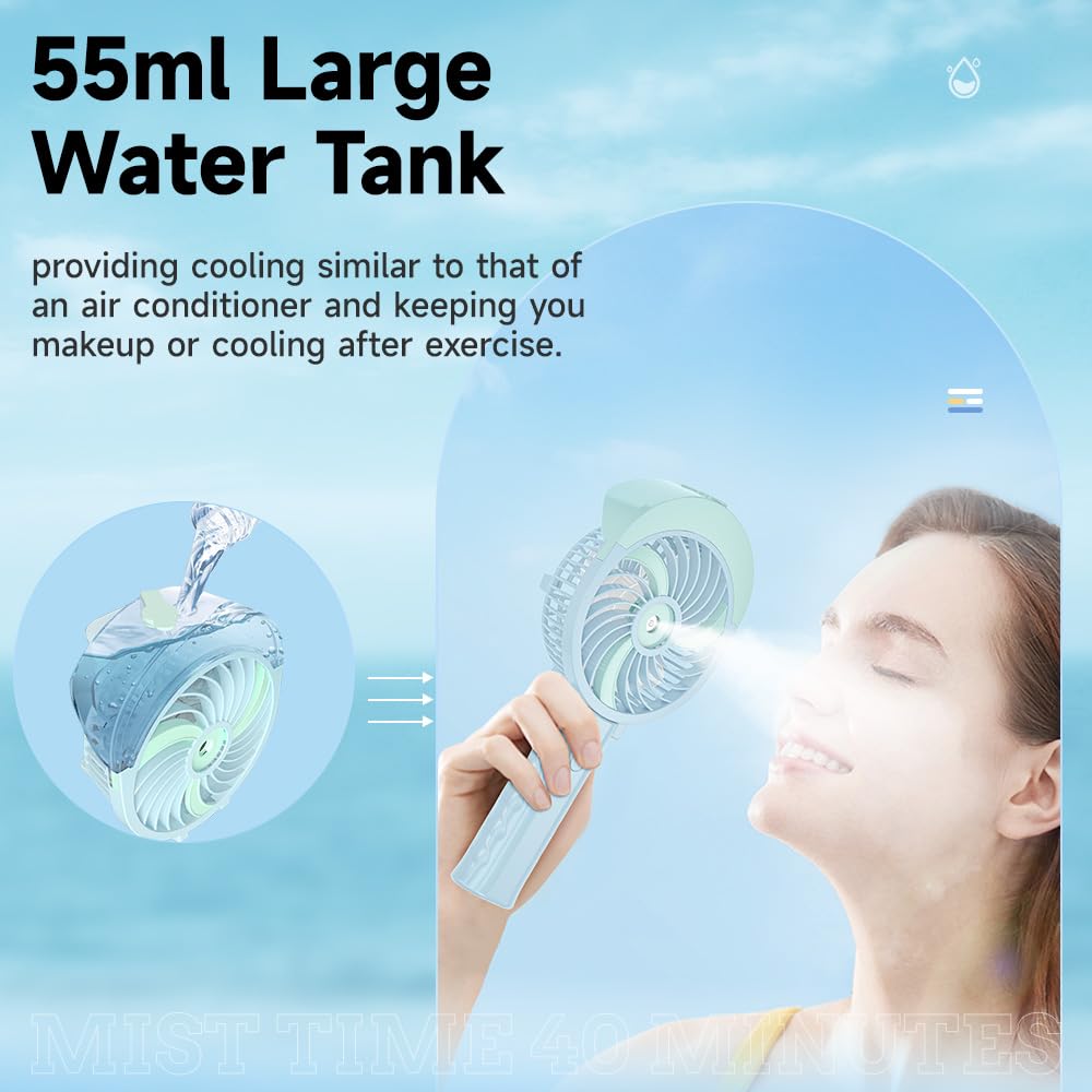 Handfan Portable Misting Fan, 55Ml Large Water Tank, Rechargeable Handheld Personal Mister Battery Operated Spray Mist 180Afolda