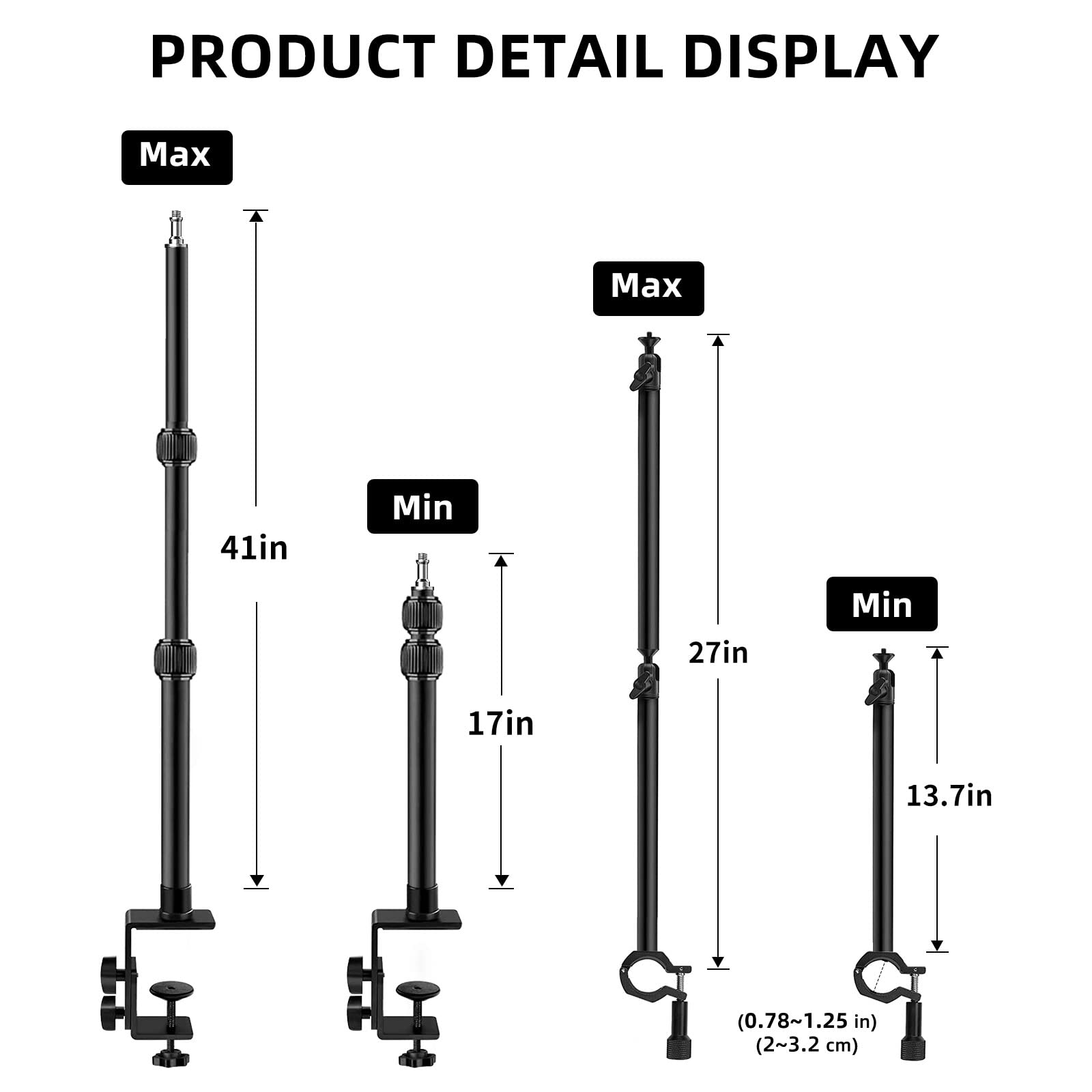 Obeamiu Desk Mount Stand With 27'' Auxiliary Holding Arm, Detachable 2 Section Magic Arm Overhead Light Stand, 16.7 40.1 In Tabl