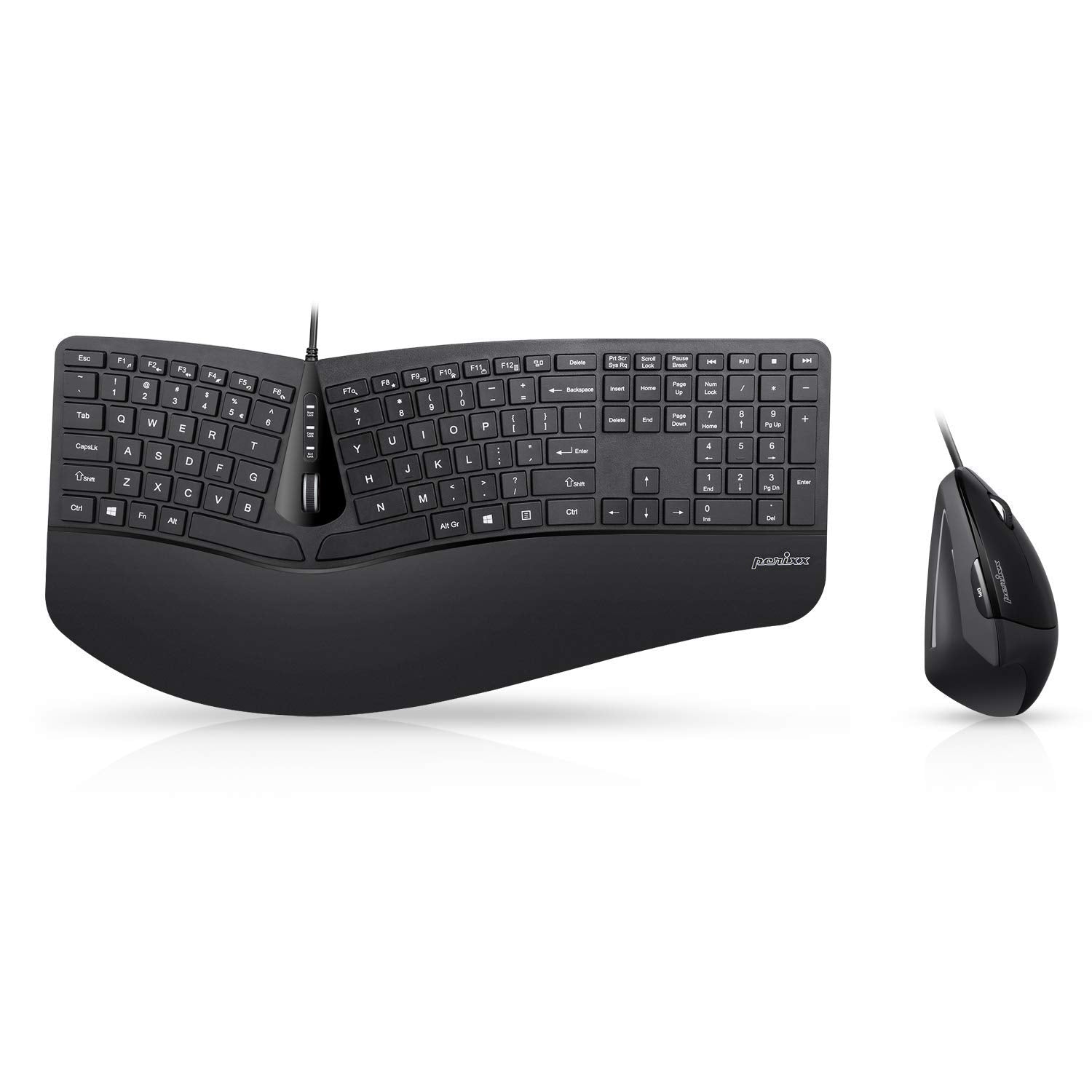 Perixx Periduo 505, Wired Usb Ergonomic Split Keyboard And Vertical Mouse Combo With Adjustable Palm Rest And Short Tactical Membrane Keys, Us English Layout