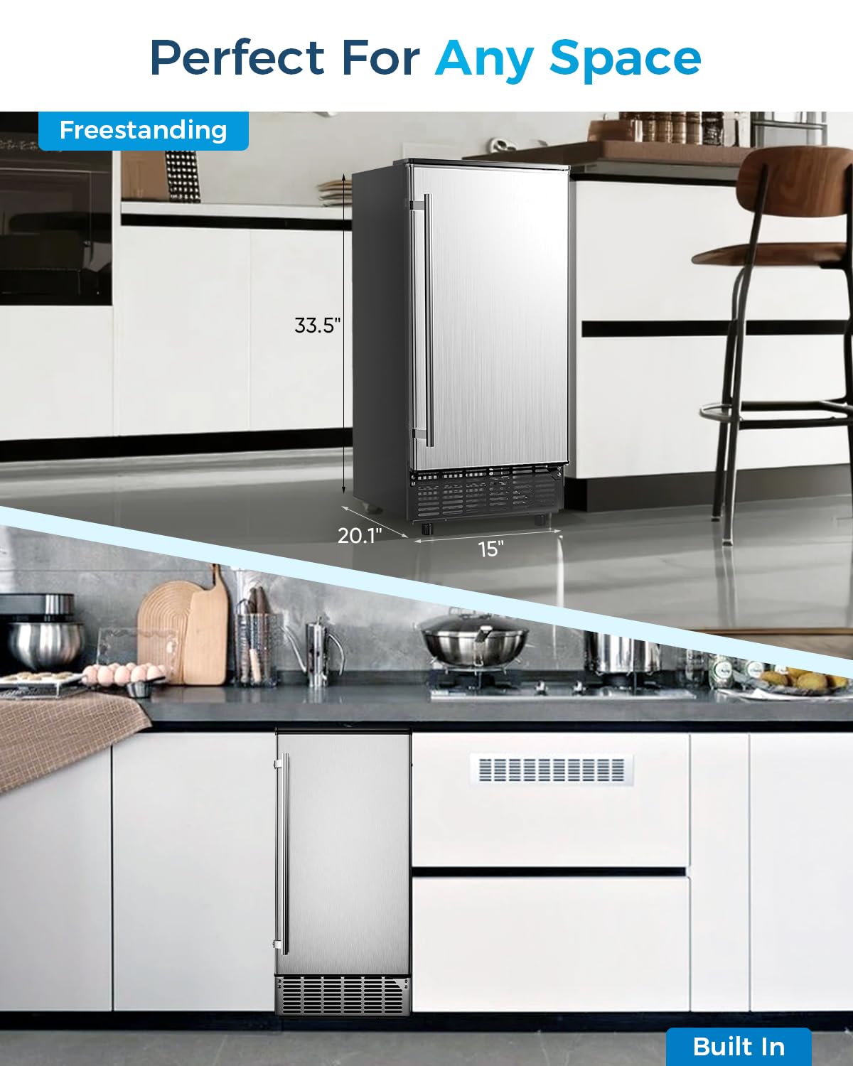 Feelfunn Commercial Ice Maker Machine - 85Lbs/Day, 24Lbs Storage, Built-In Undercounter Ice Maker With Auto-Cleaning & Timer, Fr