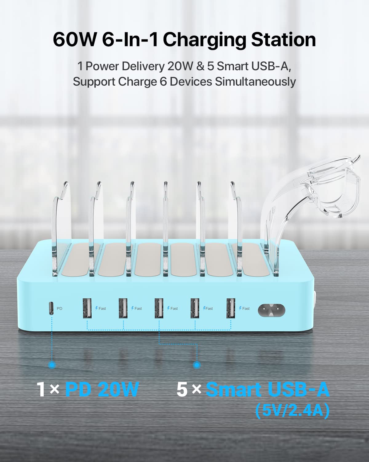 Soopii 60W 6 Port Pd Charging Station For Multiple Devices, 20W Pd Usb C Fast Charging For Lphone 14/13/12,6 Short Cables Includ