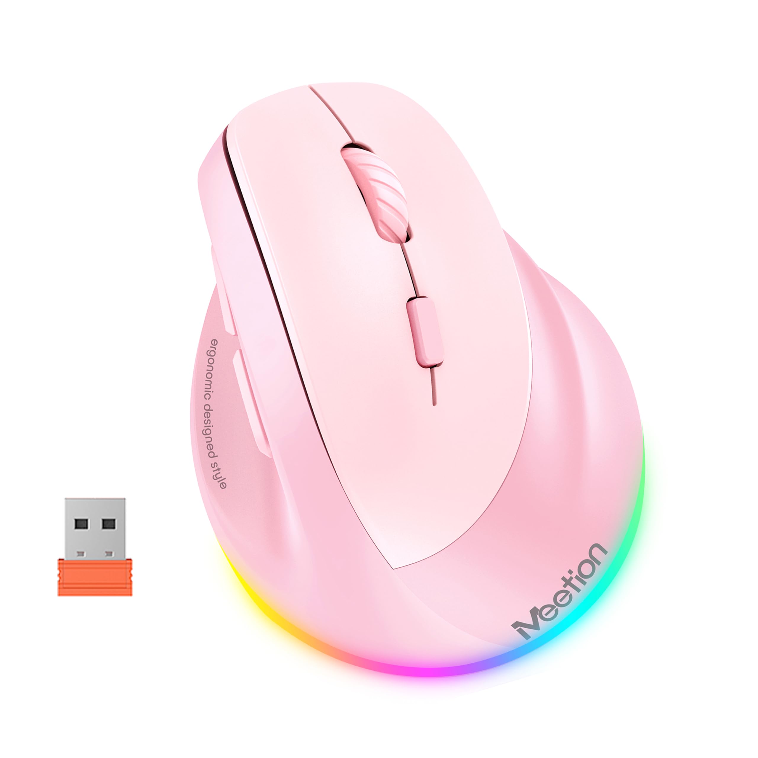 MEETION LeftHanded Ergonomic Mouse, Vertical RGB Design, Pink for Right