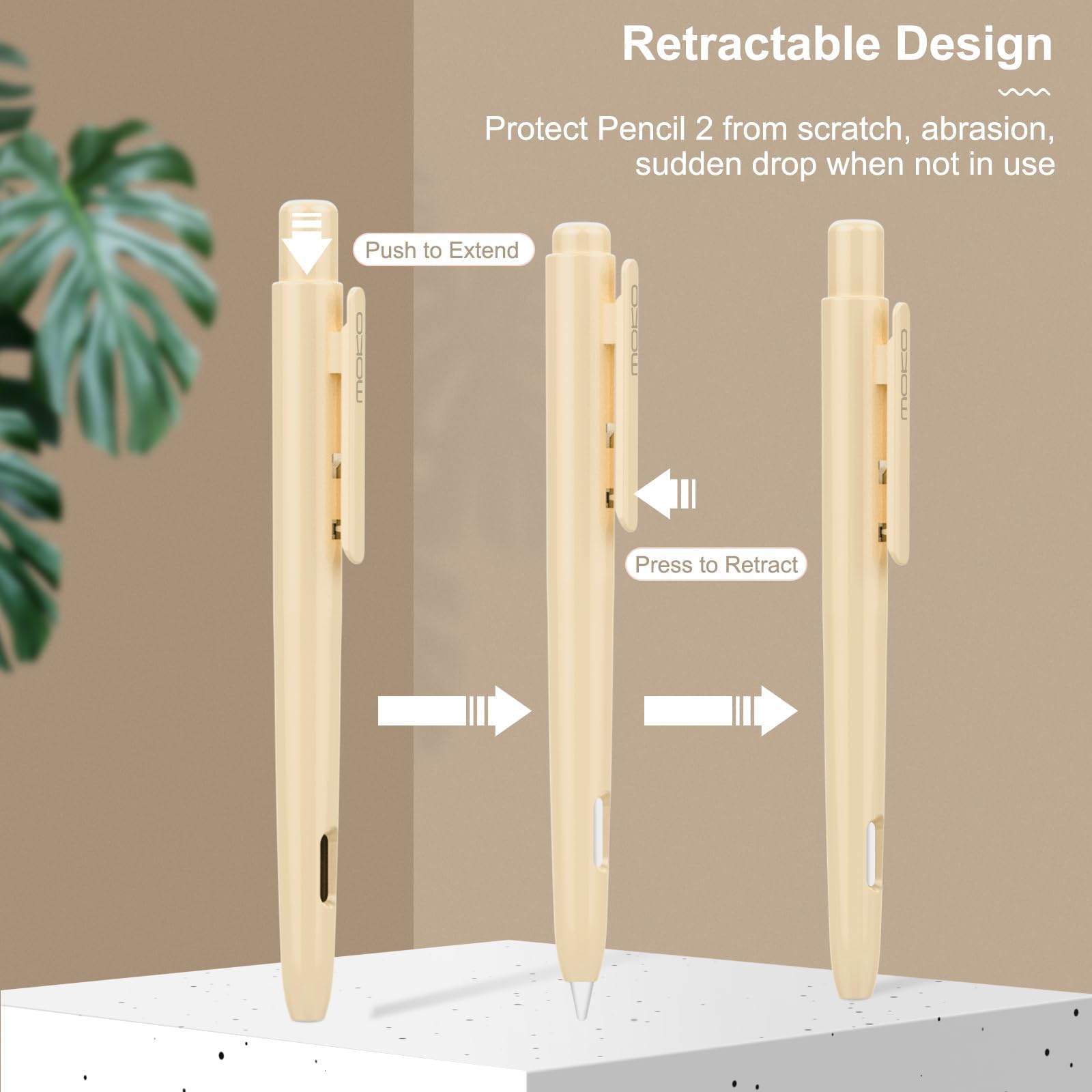 MoKo Holder Case Compatible with Apple Pencil 2nd Generation, Retractable Protective Apple Pencil Cover with Sturdy Clip, Hard PC Apple Pencil Case, Support Double Tap, Beige