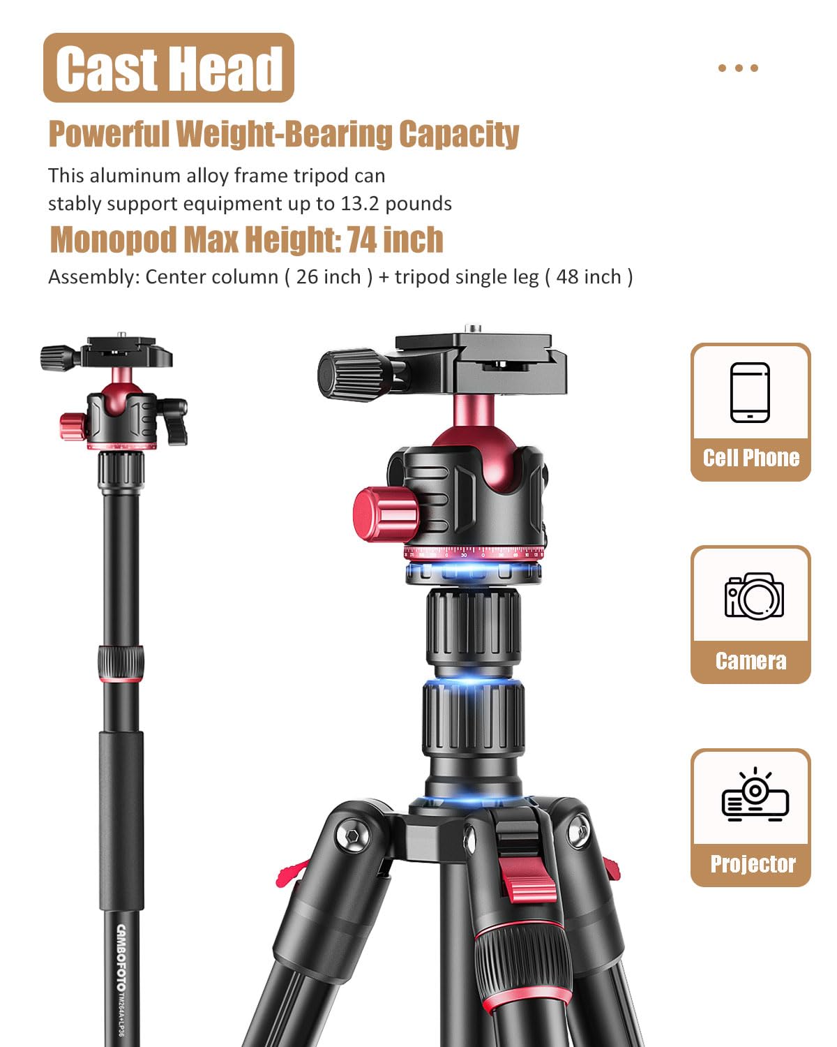 Cambofoto 74 Inch Professional Camera Photography Tripod, Ball Head Aluminum Dslr/Slr Tripod & Monopod With Carry Bag Compatible