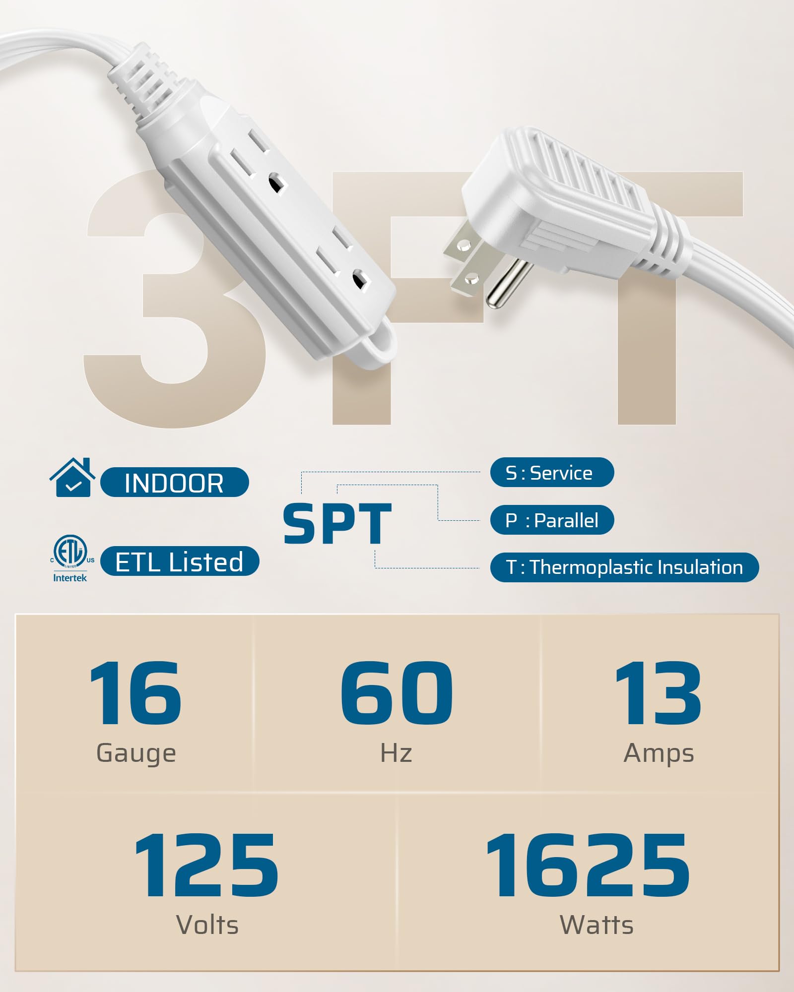 Dewenwils 3 Outlet Extension Cord With Flat Plug, 3Ft 16/3 Awg Grounded Power Cable For Indoor Use, Spt 3 Cord, White, Etl Liste