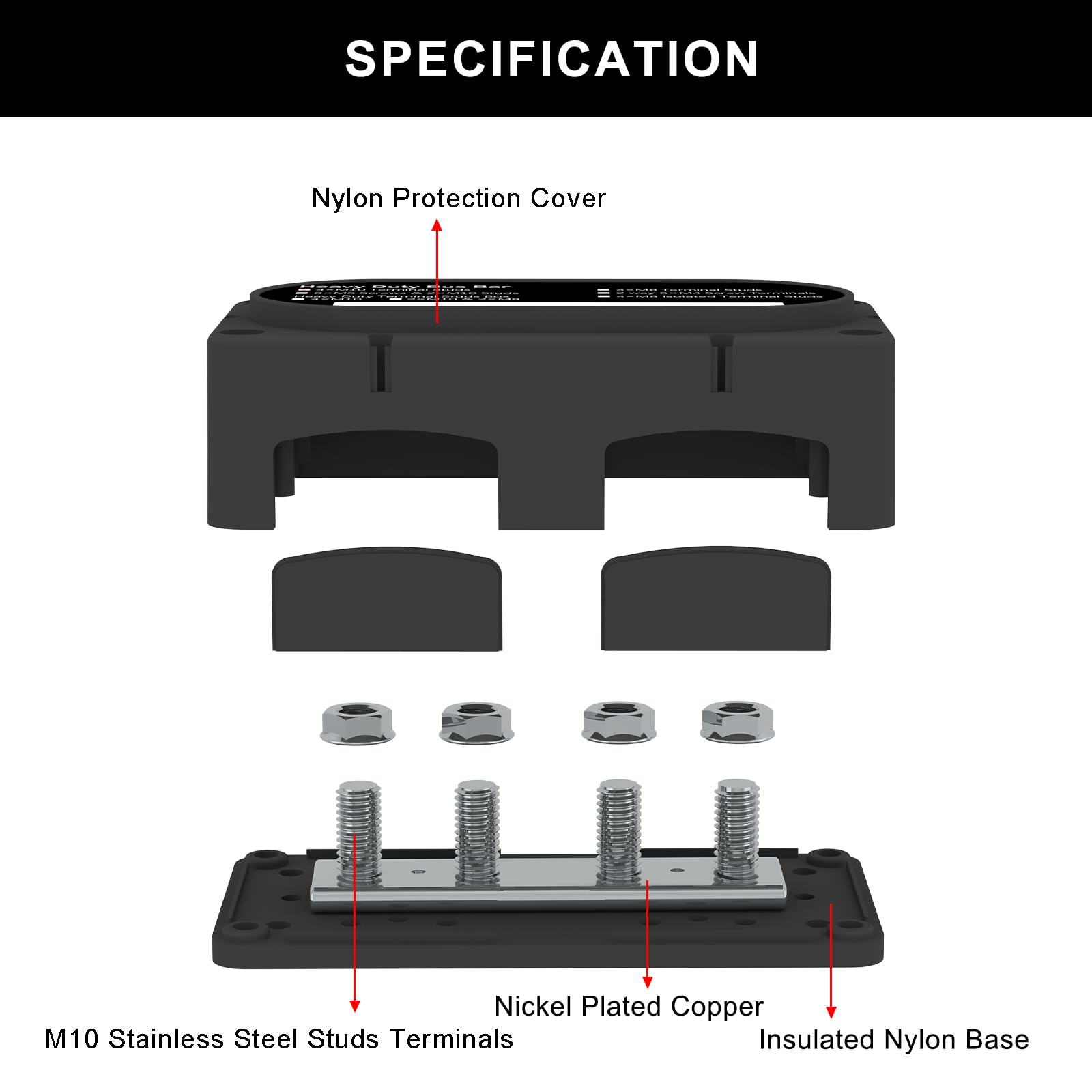Uckasayfy Heavy Duty Bus Bar 300A 12V Power Distribution Block With 3/8'' (M10) 4 Posts Terminals Block With Cover For Automotiv