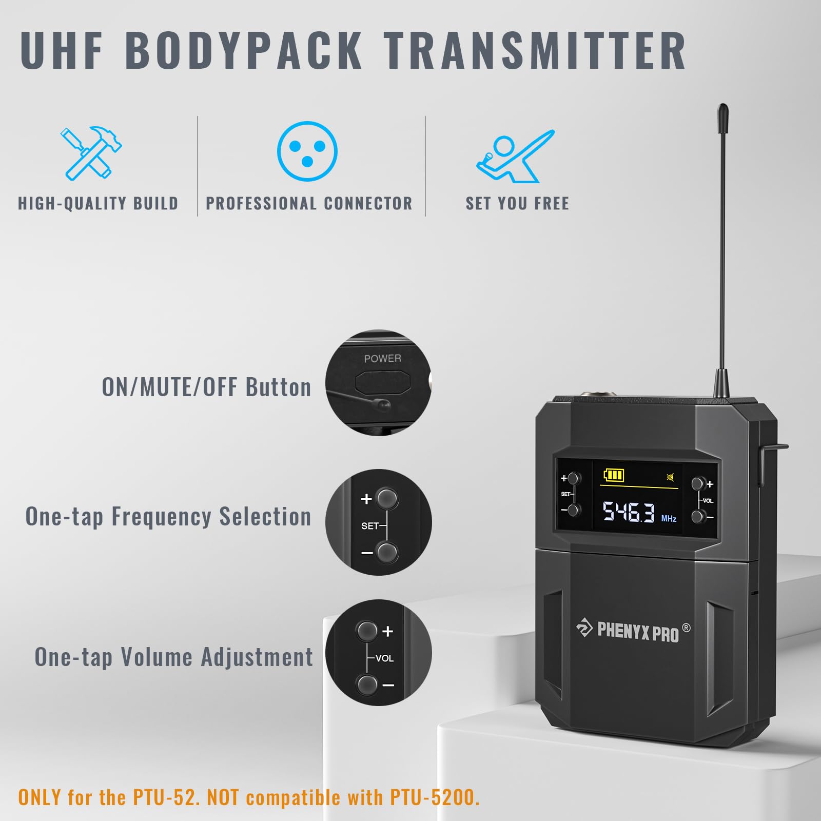 Phenyx Pro Ptu 52 Wireless Uhf Bodypack Transmitter With 3 Pin Xlr Jack & Selectable 30 Frequencies, Compatible With Ptu 52 Wire