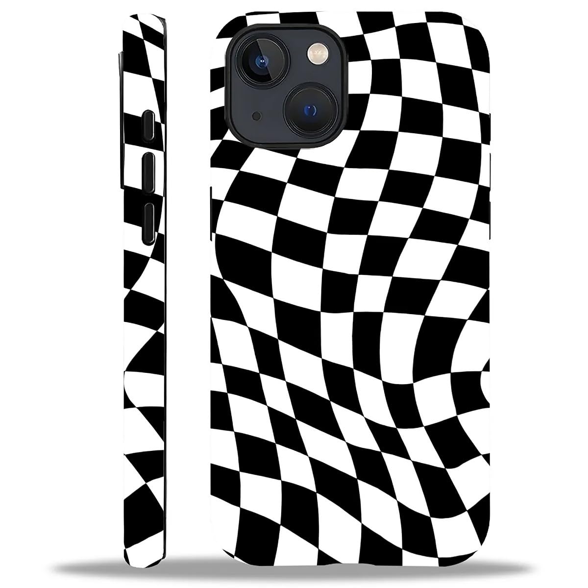 WANKBLC Compatible with iPhone 13 14 Matte Case, Twisted Black White Checkered Pattern for Girl Full Body Design Soft Silicone D