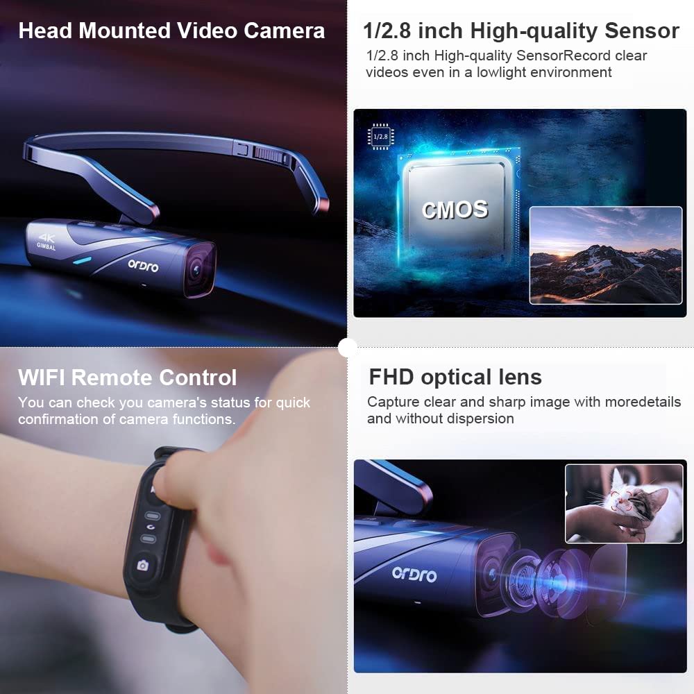 Ordro Ep8 4K Head Mounted Video Camera, Ultra Hd 4K 60Fps Camcorder Vlog Hands Free Wearable Camera, Has 2 Axis Gimbal Video Stabilizer, Wi Fi App, Auto Focus With Remote Control,64G Micro Card