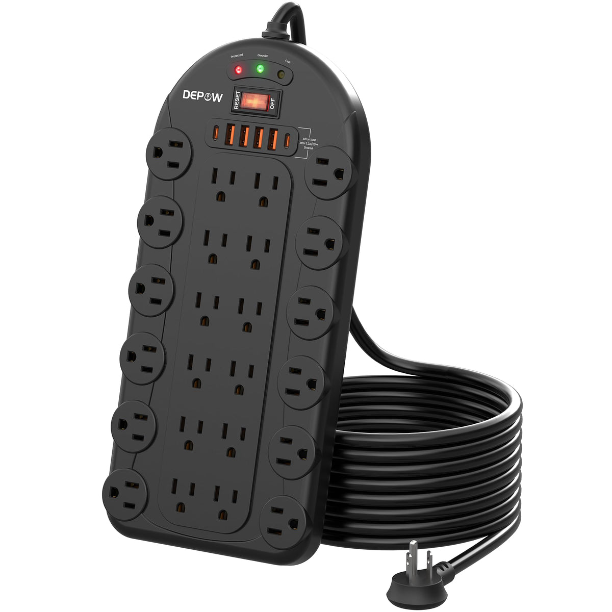 Depow Power Strip, 24 Ac Outlets (1875W/15A) With 6 Usbs (2 Usb C Ports), Surge Protector (3,400 Joules), 10Ft Heavy Duty Flat P