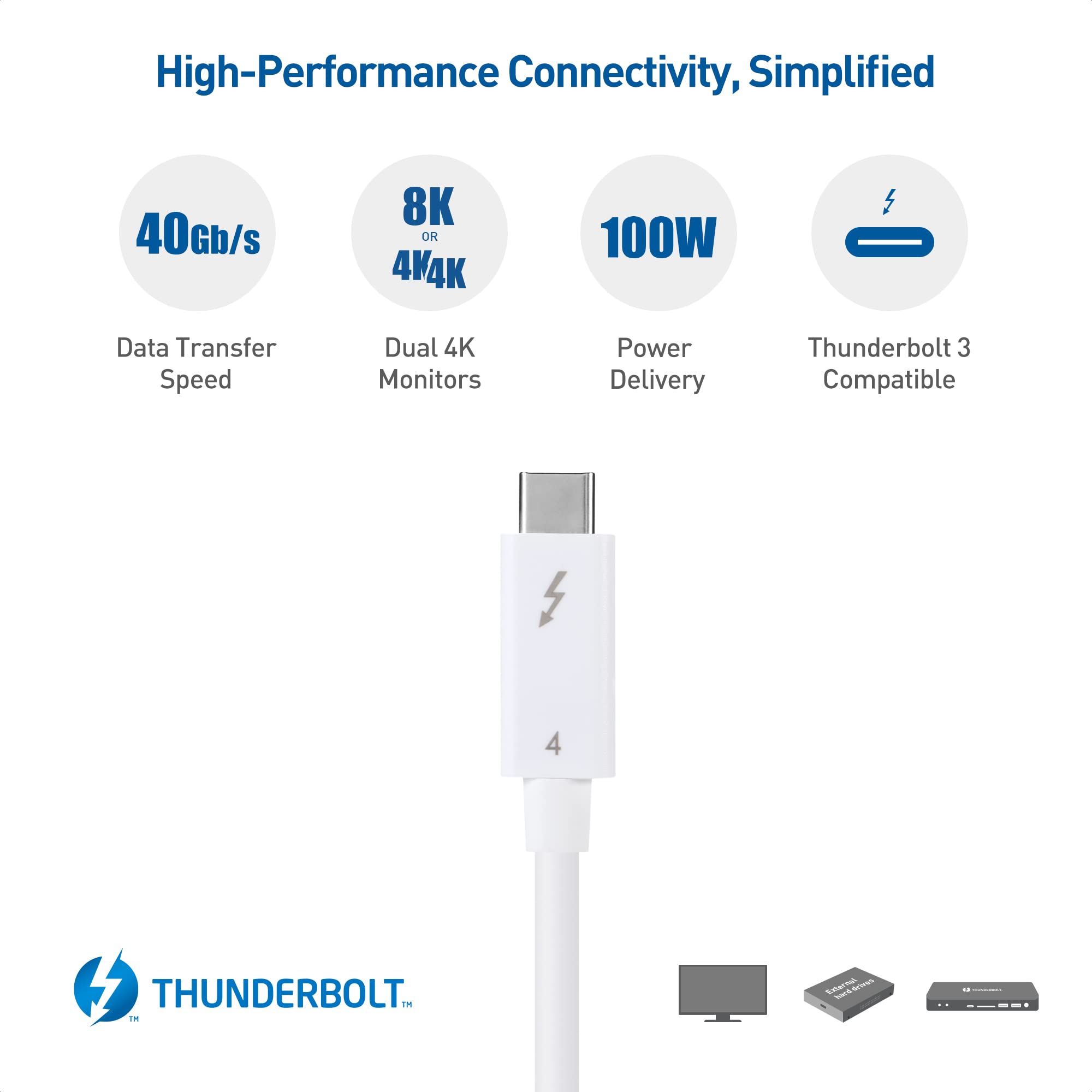 Cable Matters [Intel Certified] 40Gbps Active Thunderbolt 4 Cable 6.6 ft with 100W Charging and 8K Video in White   Fully Compatible with USB C/USB C, USB 4 / USB4, and Thunderbolt 3