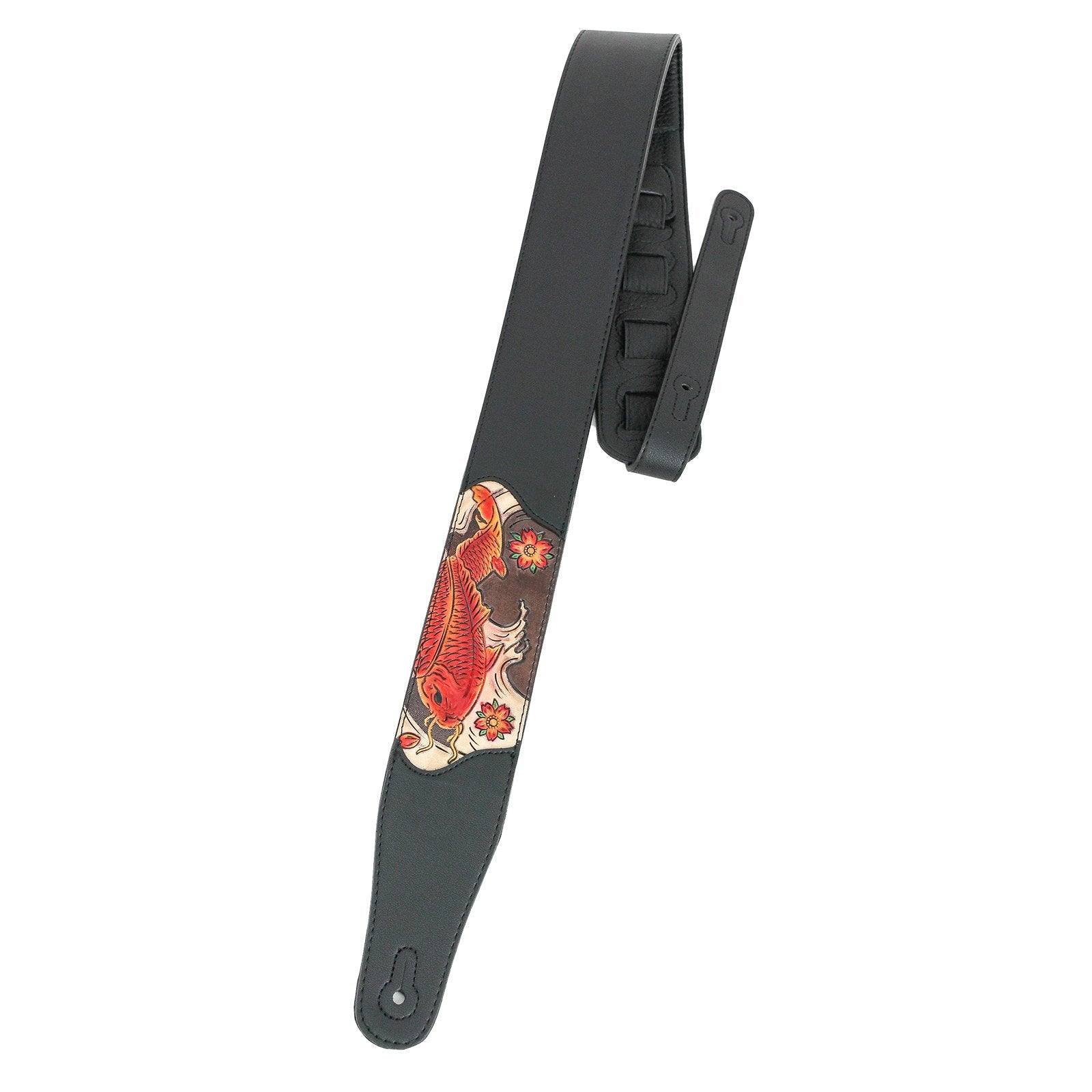 Walker & Williams Cvg-162 Black Padded Guitar Strap With Hand Tooled Red And Brown Koi Fish Design