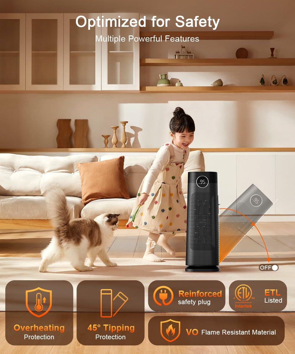 Sunnote Space Heater For Indoor Use, 1500W Electric & Portable Ceramic Heaters With 80Oscillating, Thermostat, 5 Modes, 24Hrs Ti