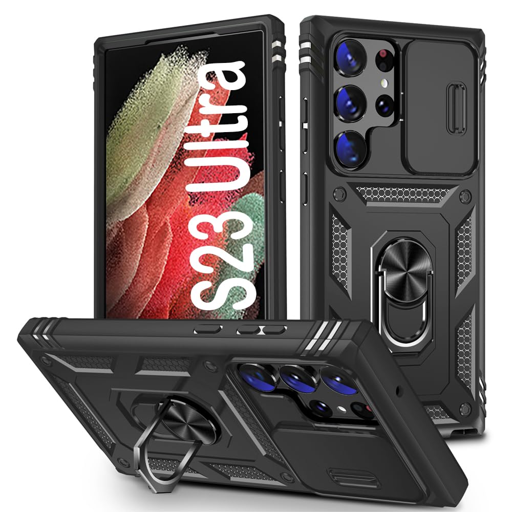 PASNEW for Samsung Galaxy S23 Ultra Case Military,360 Metal Ring Kickstand & Camera Slide Cover,Multi-Layer Heavy Duty Full Body
