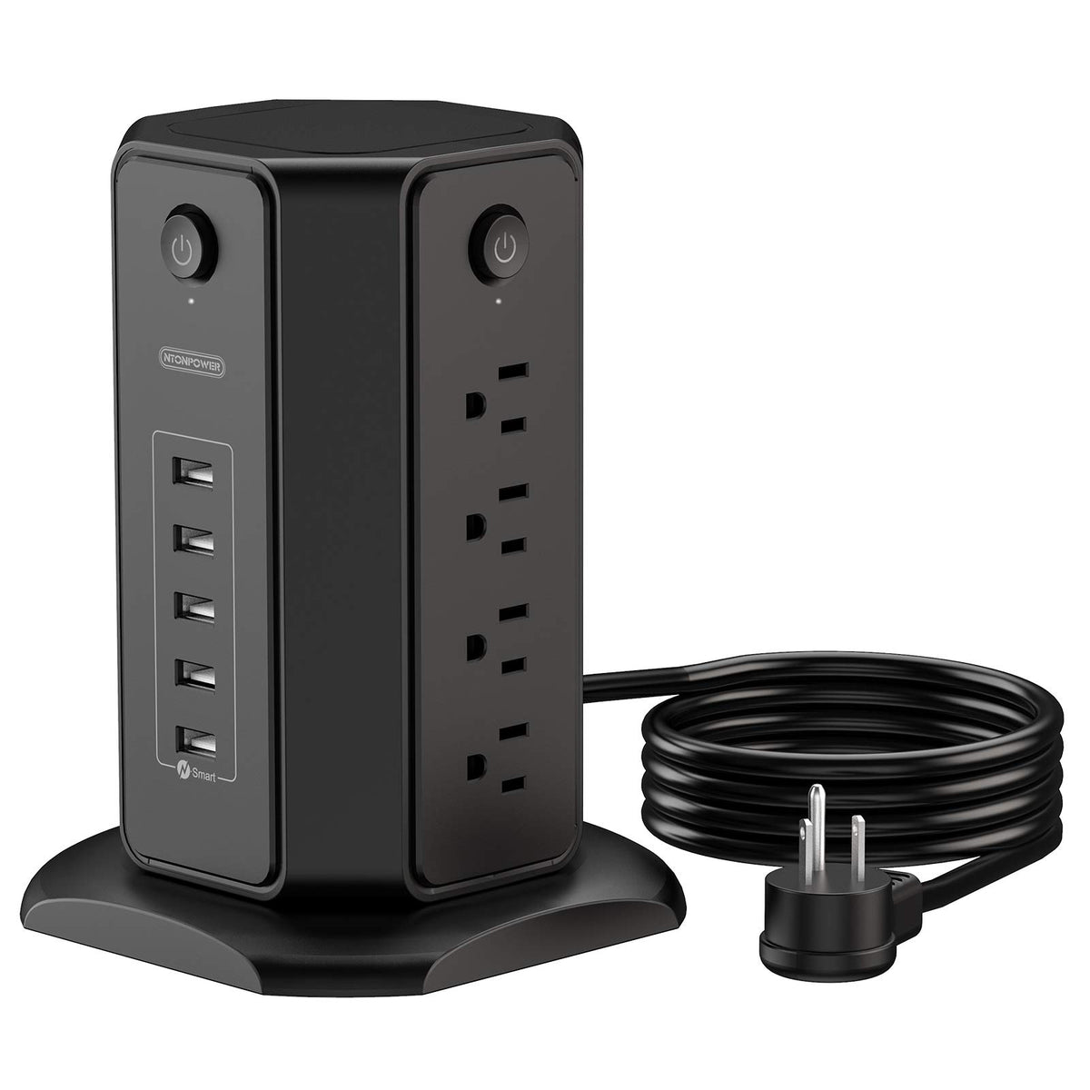10Ft Extension Cord Power Strip Tower, Ntonpower Flat Plug Surge Protector With 8 Outlets 5 Usb Desktop Charging Station, Indivi