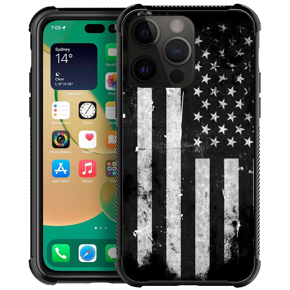 Compatible With Iphone 14 Pro Max Case, Black And White Grunge American Flag Iphone 14 Pro Max Cases, Tempered Glass Back+Soft S