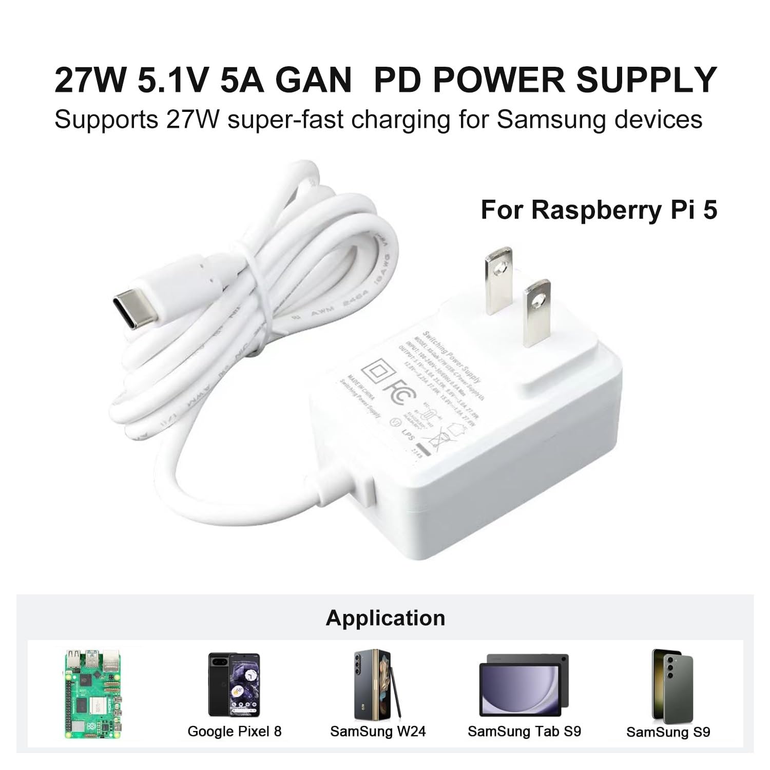 Pd 27W Usb C Power Supply 5.1V / 5A Psu Charger For Raspberry Pi 5 White