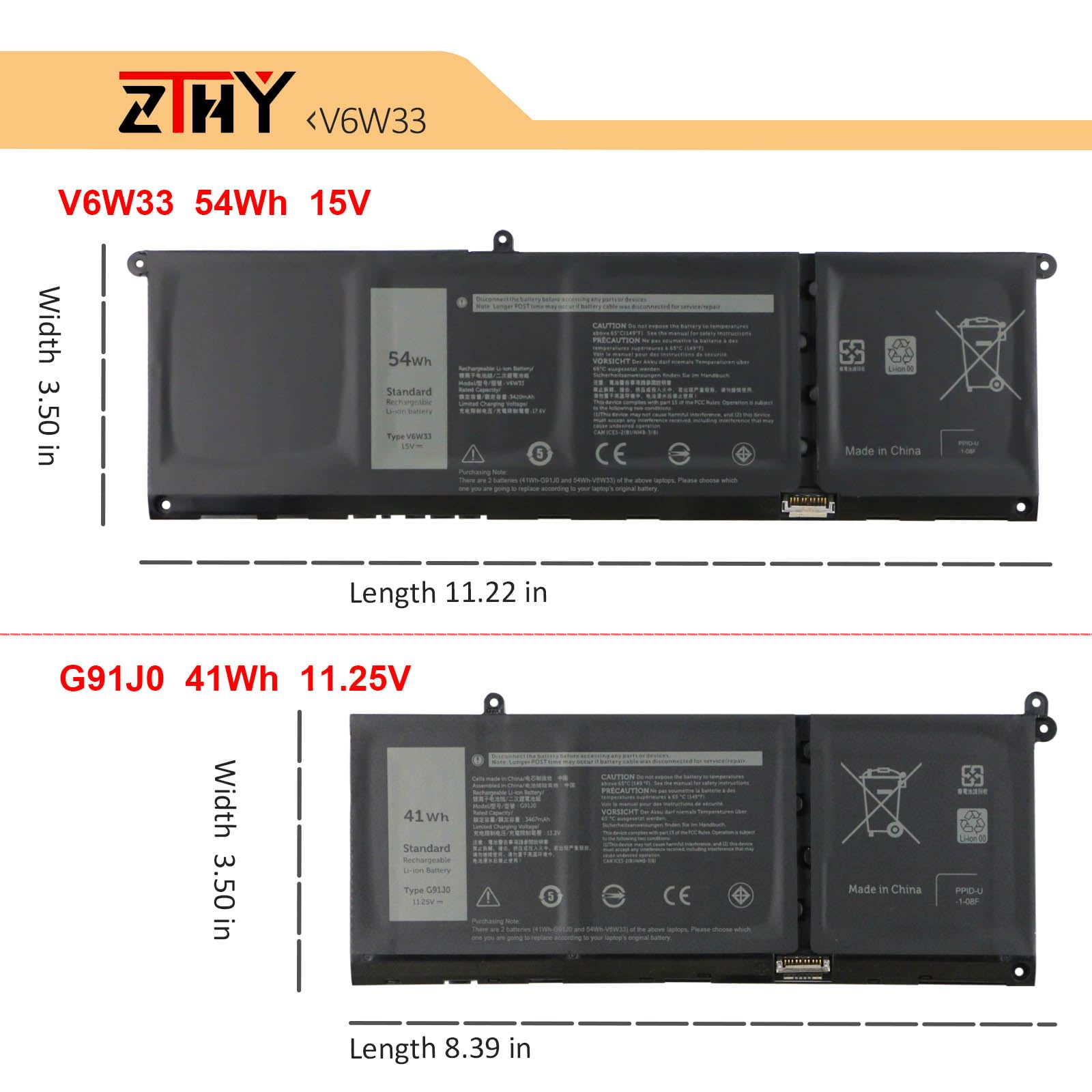 Zthy 54Wh V6W33 Laptop Battery Replacement For Dell Inspiron 3510 3511 3515 5310 5410 5418 5510 5515 5518 5625 5630 5635 Latitud