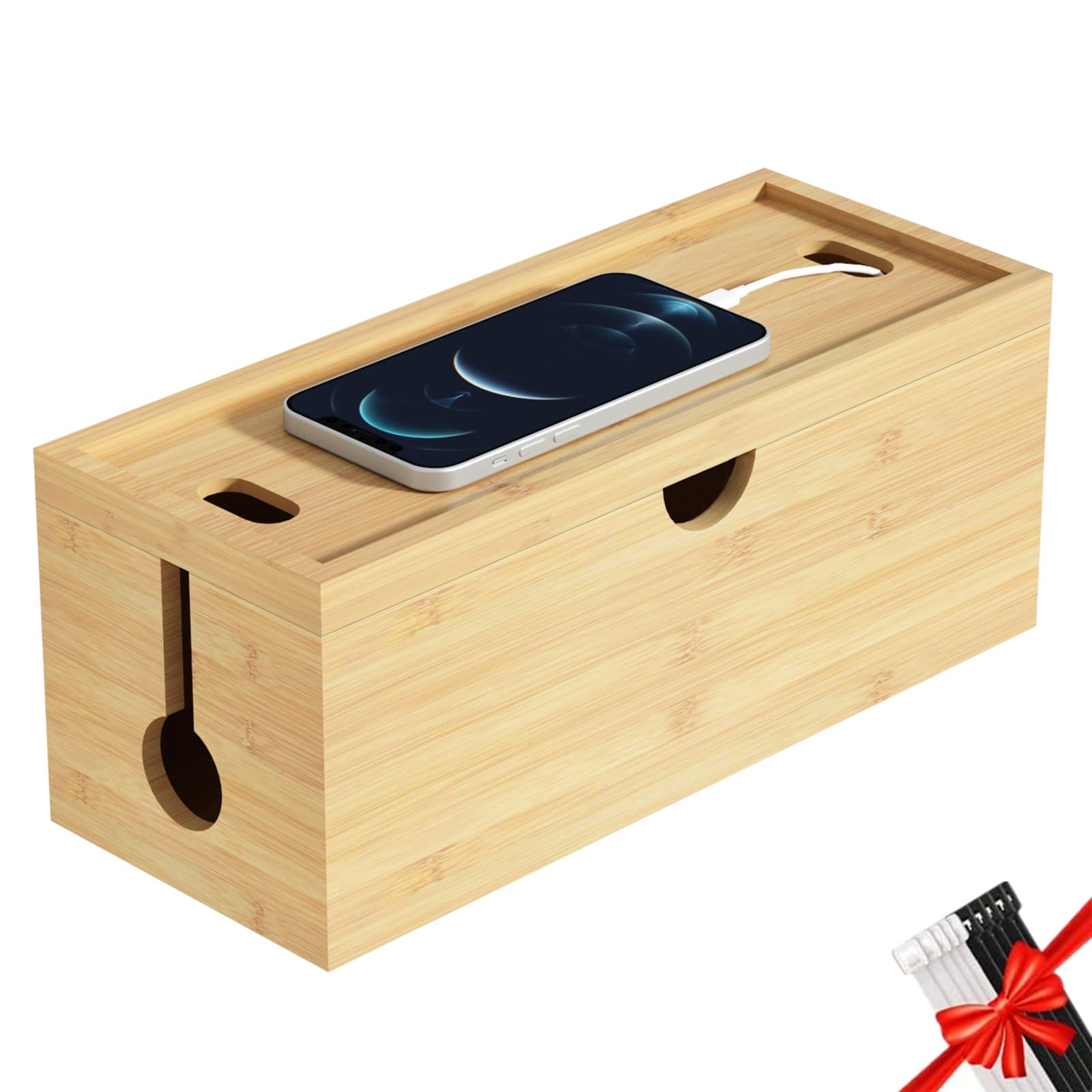 Bamboo Cable Management Box, Medium Cord Organizer Box Cable Box To Hide Wires & Power Strips For Desktop Storage Cord Holder Fo