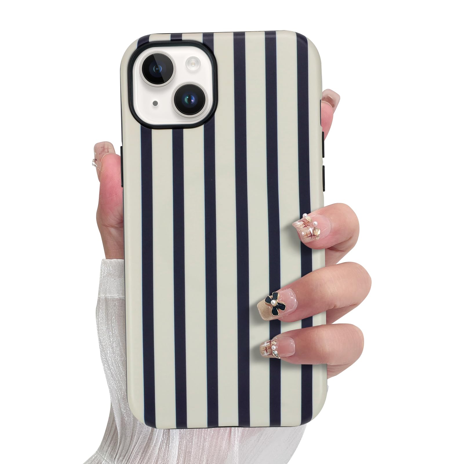 SOKAD Magnetic Vertical Stripes Phone Case for iPhone 15, Cute Navy Blue Striped Line Pattern Compatible with Magsafe Matte Prot