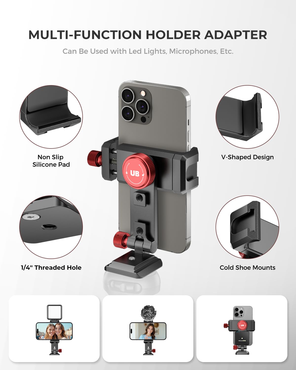Ubeesize Metal Phone Tripod Mount Cold Shoes With Arca Qr Base, 3 Control Knob 360 Cell Phone Tripod Adapter For Iphone, Samsung
