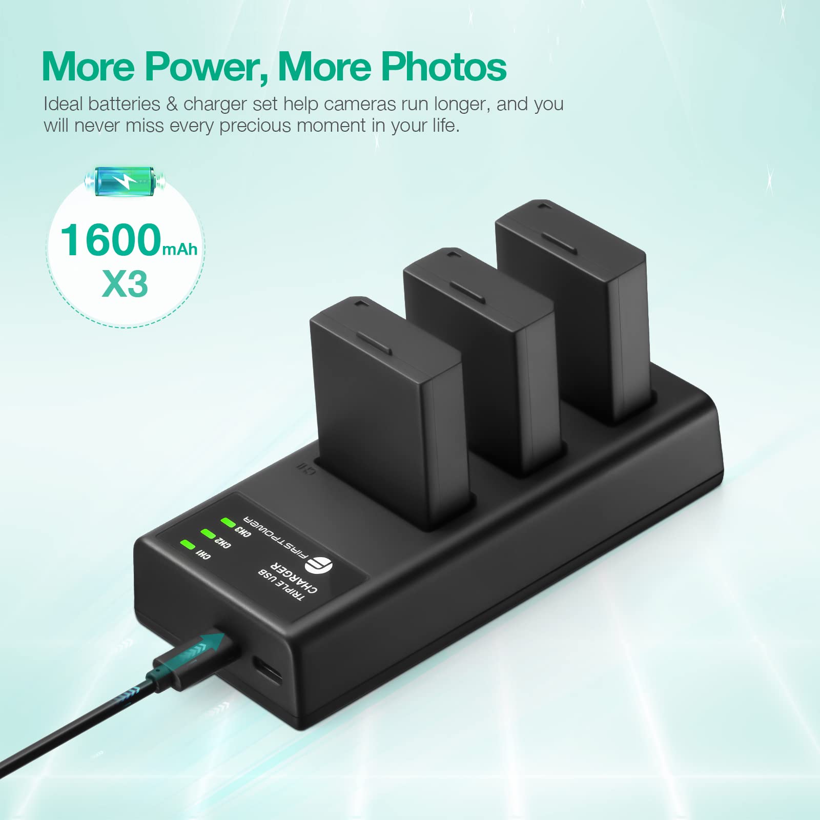 FirstPower LP-E10 Battery 3-Pack with Triple Charger for Canon EOS Rebel T100, T7, T6, T5, T3 - Black